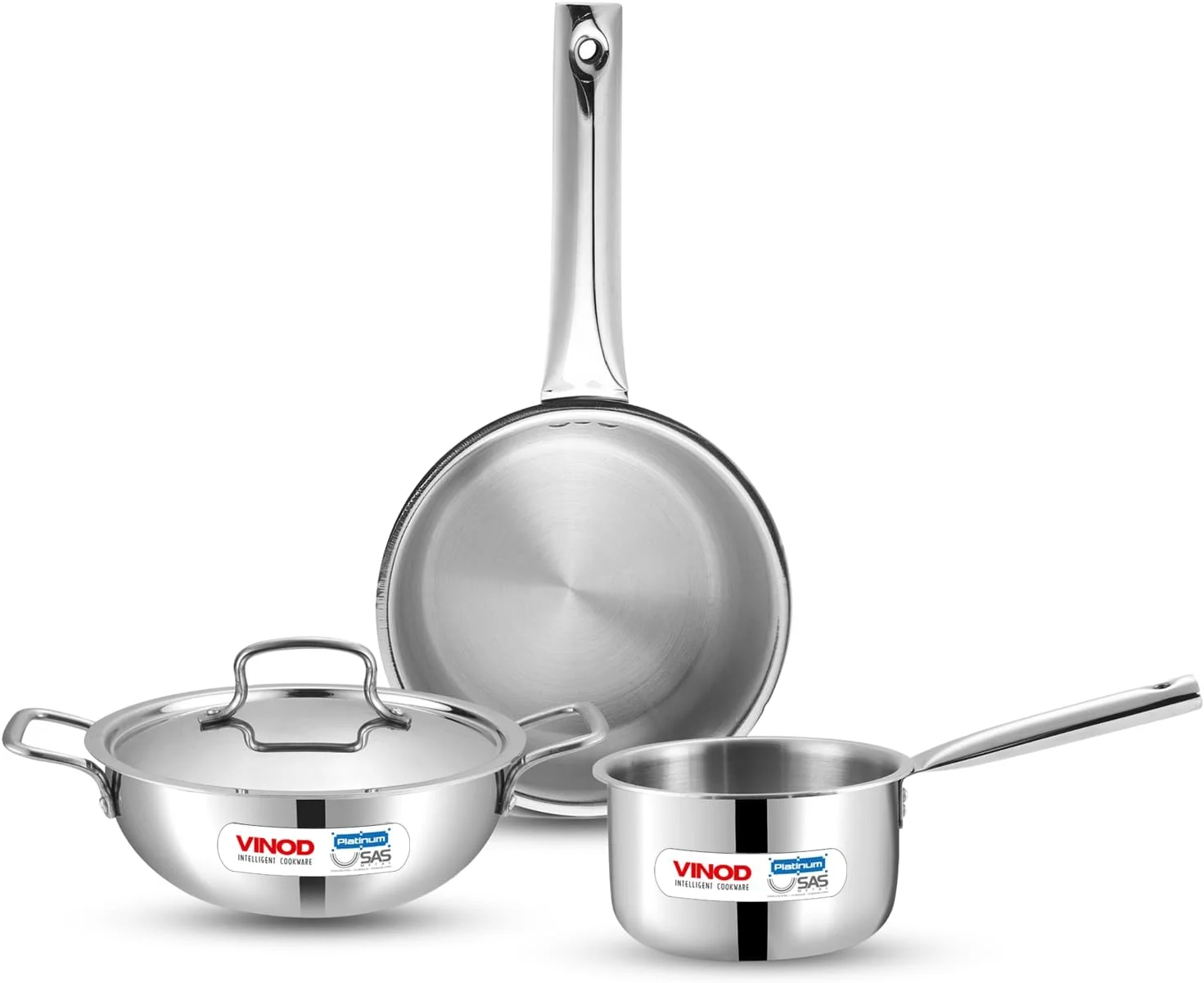 ست ظروف پخت و پز استیل سه لایه Vinod Platinum - 4 تکه، کاراهی (24 سانتی متر، 3.3 لیتر)، تابه (24 سانتی متر، 2.2 لیتر) با درب مشترک، قابلمه سس (16 سانتی متر، 1.6 لیتر) | مناسب برای اجاق گاز القایی و فر ست ظروف پخت و پز استیل سه لایه Vinod Platinum - 4 تکه، کاراهی (24 سانتی متر، 3.3 لیتر)، تابه (24 سانتی متر، 2.2 لیتر) با درب مشترک، قابلمه سس (16 سانتی متر، 1.6 لیتر) | مناسب برای اجاق گاز القایی و فر