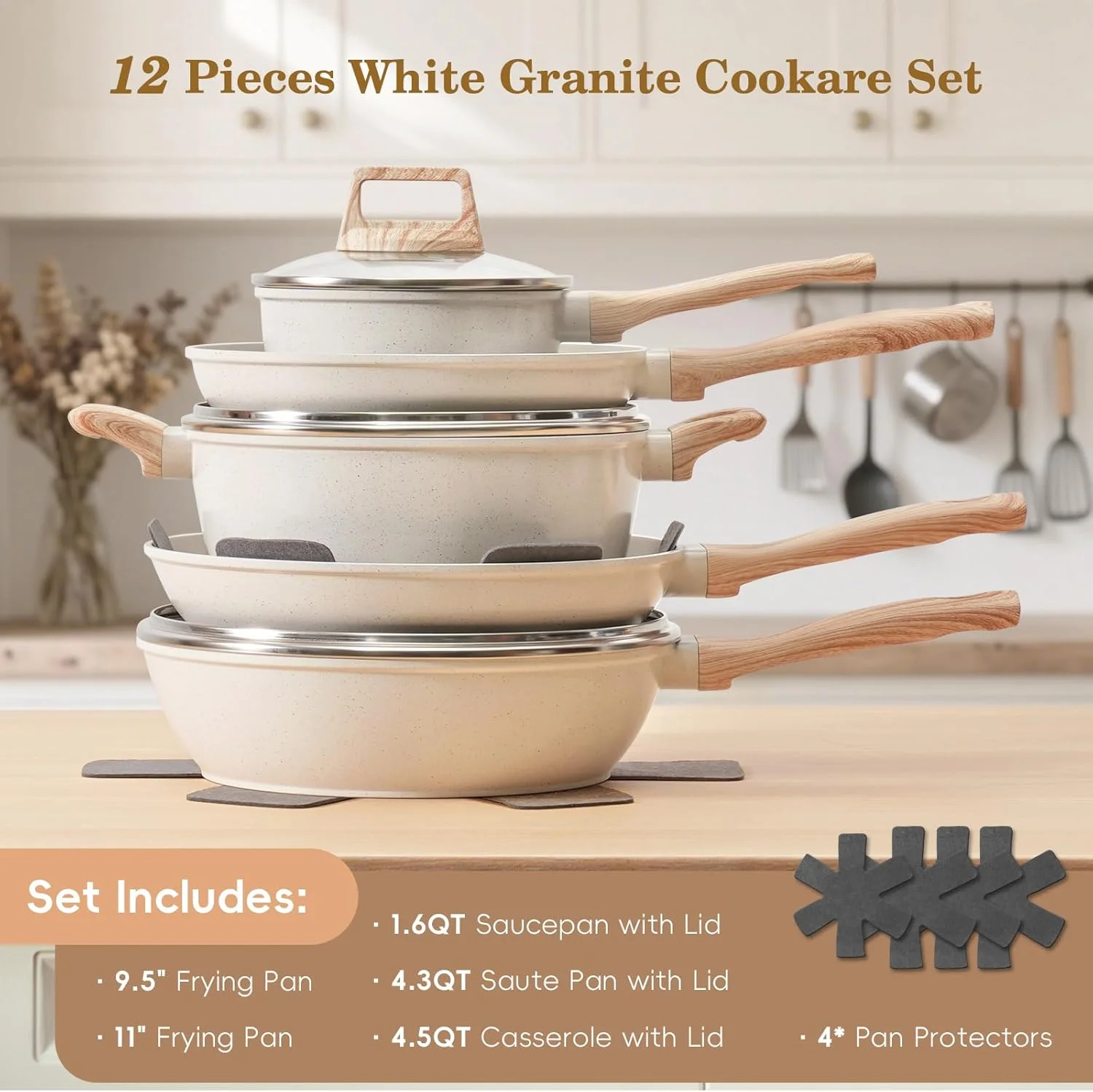 ست قابلمه و تابه سودای، ست ظروف آشپزی نچسب، ست 12 پارچه ظروف پخت و پز گرانیتی مناسب اجاق گازهای القایی، تابه، قابلمه، بخارپز، کفگیر سیلیکونی، قاشق و انبر (سفید)…