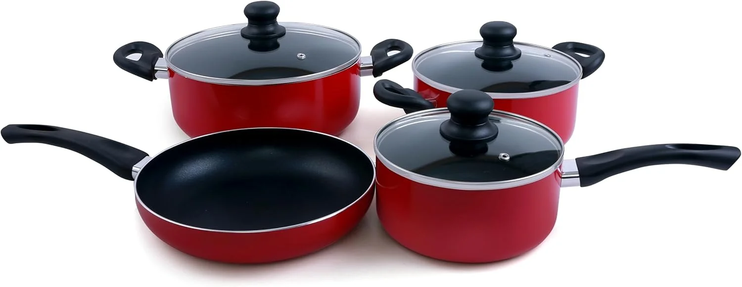 Royalford Cookware Set, 8 Pieces, Red, RF6082 Scratch Resistant, Tempered Glass Lids, 2.5MM Body Thickness, Bakelite Knobs, and CD Bottom Royalford Cookware Set, 8 Pieces, Red, RF6082 Scratch Resistant, Tempered Glass Lids, 2.5MM Body Thickness, Bakelite Knobs, and CD Bottom