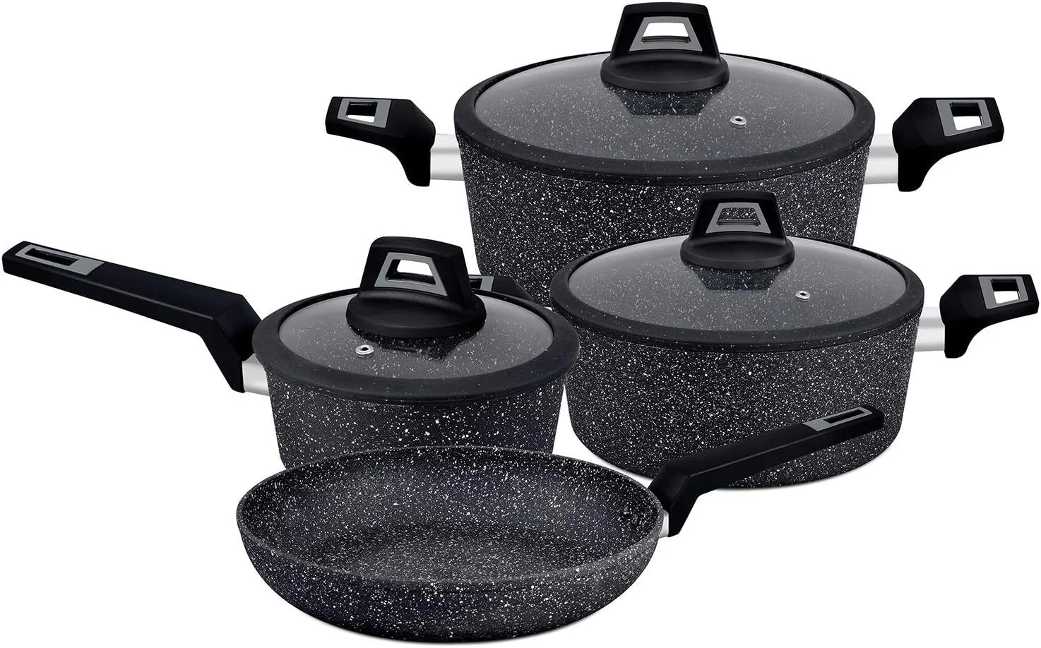 ست ظروف پخت و پز آلومینیومی رویال فورد مدل Chef Art، ۷ پارچه، مشکی، RF9557، مقاوم در برابر خراش، درب های شیشه ای حرارت دیده، ضخامت بدنه 2.5 میلی متر، دستگیره های باکالیت و کف CD ست ظروف پخت و پز آلومینیومی رویال فورد مدل Chef Art، ۷ پارچه، مشکی، RF9557، مقاوم در برابر خراش، درب های شیشه ای حرارت دیده، ضخامت بدنه 2.5 میلی متر، دستگیره های باکالیت و کف CD