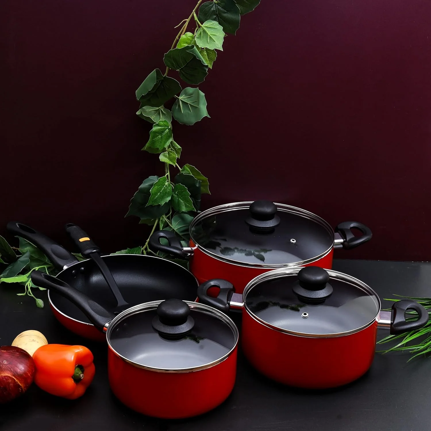 Royalford Cookware Set, 8 Pieces, Red, RF6082 Scratch Resistant, Tempered Glass Lids, 2.5MM Body Thickness, Bakelite Knobs, and CD Bottom Royalford Cookware Set, 8 Pieces, Red, RF6082 Scratch Resistant, Tempered Glass Lids, 2.5MM Body Thickness, Bakelite Knobs, and CD Bottom