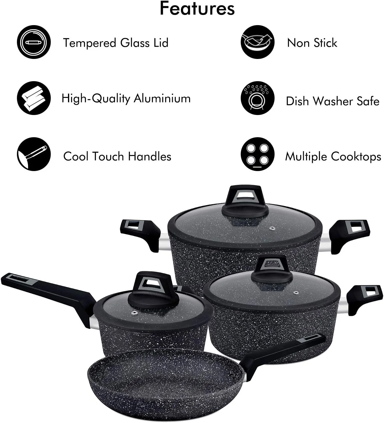 ست ظروف پخت و پز آلومینیومی رویال فورد مدل Chef Art، ۷ پارچه، مشکی، RF9557، مقاوم در برابر خراش، درب های شیشه ای حرارت دیده، ضخامت بدنه 2.5 میلی متر، دستگیره های باکالیت و کف CD ست ظروف پخت و پز آلومینیومی رویال فورد مدل Chef Art، ۷ پارچه، مشکی، RF9557، مقاوم در برابر خراش، درب های شیشه ای حرارت دیده، ضخامت بدنه 2.5 میلی متر، دستگیره های باکالیت و کف CD