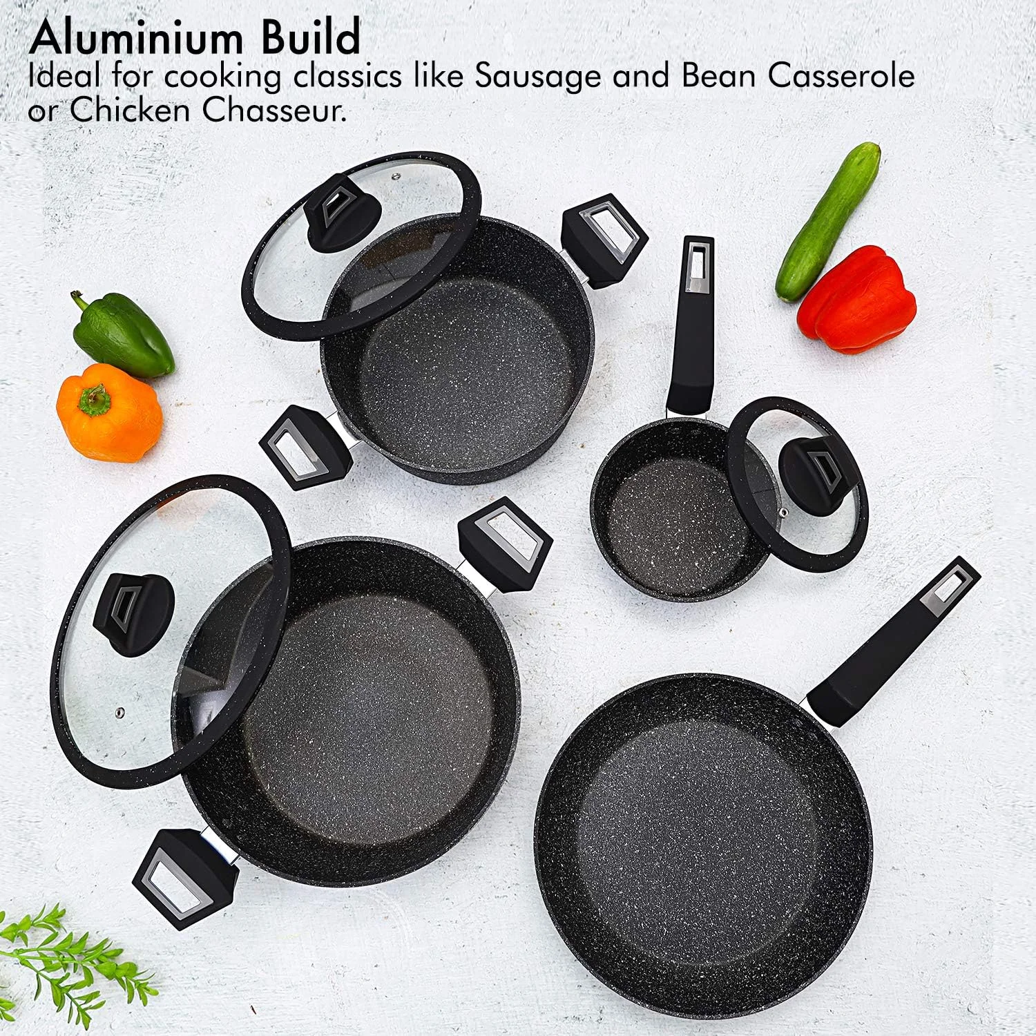 ست ظروف پخت و پز آلومینیومی رویال فورد مدل Chef Art، ۷ پارچه، مشکی، RF9557، مقاوم در برابر خراش، درب های شیشه ای حرارت دیده، ضخامت بدنه 2.5 میلی متر، دستگیره های باکالیت و کف CD ست ظروف پخت و پز آلومینیومی رویال فورد مدل Chef Art، ۷ پارچه، مشکی، RF9557، مقاوم در برابر خراش، درب های شیشه ای حرارت دیده، ضخامت بدنه 2.5 میلی متر، دستگیره های باکالیت و کف CD