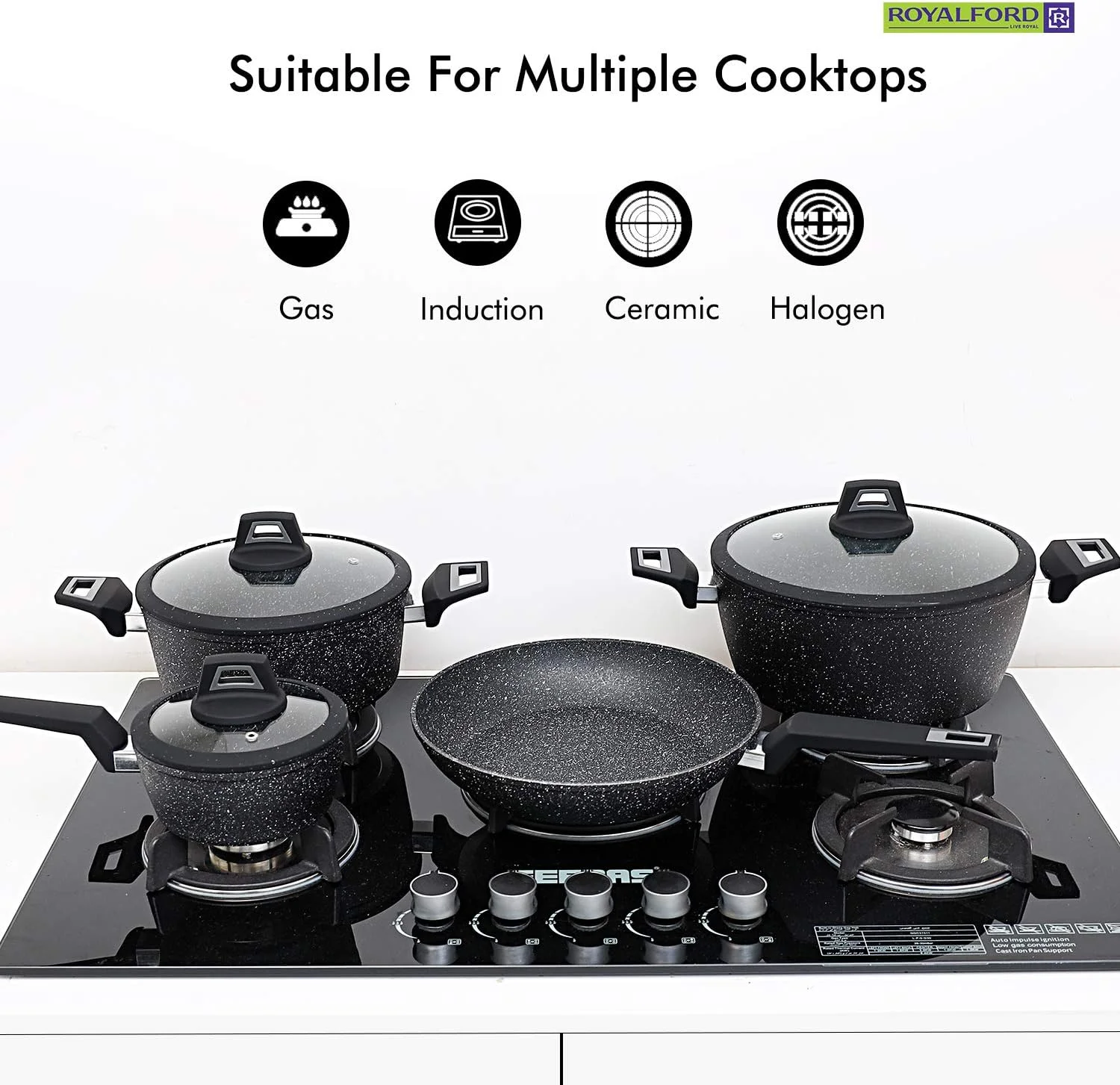 ست ظروف پخت و پز آلومینیومی رویال فورد مدل Chef Art، ۷ پارچه، مشکی، RF9557، مقاوم در برابر خراش، درب های شیشه ای حرارت دیده، ضخامت بدنه 2.5 میلی متر، دستگیره های باکالیت و کف CD ست ظروف پخت و پز آلومینیومی رویال فورد مدل Chef Art، ۷ پارچه، مشکی، RF9557، مقاوم در برابر خراش، درب های شیشه ای حرارت دیده، ضخامت بدنه 2.5 میلی متر، دستگیره های باکالیت و کف CD