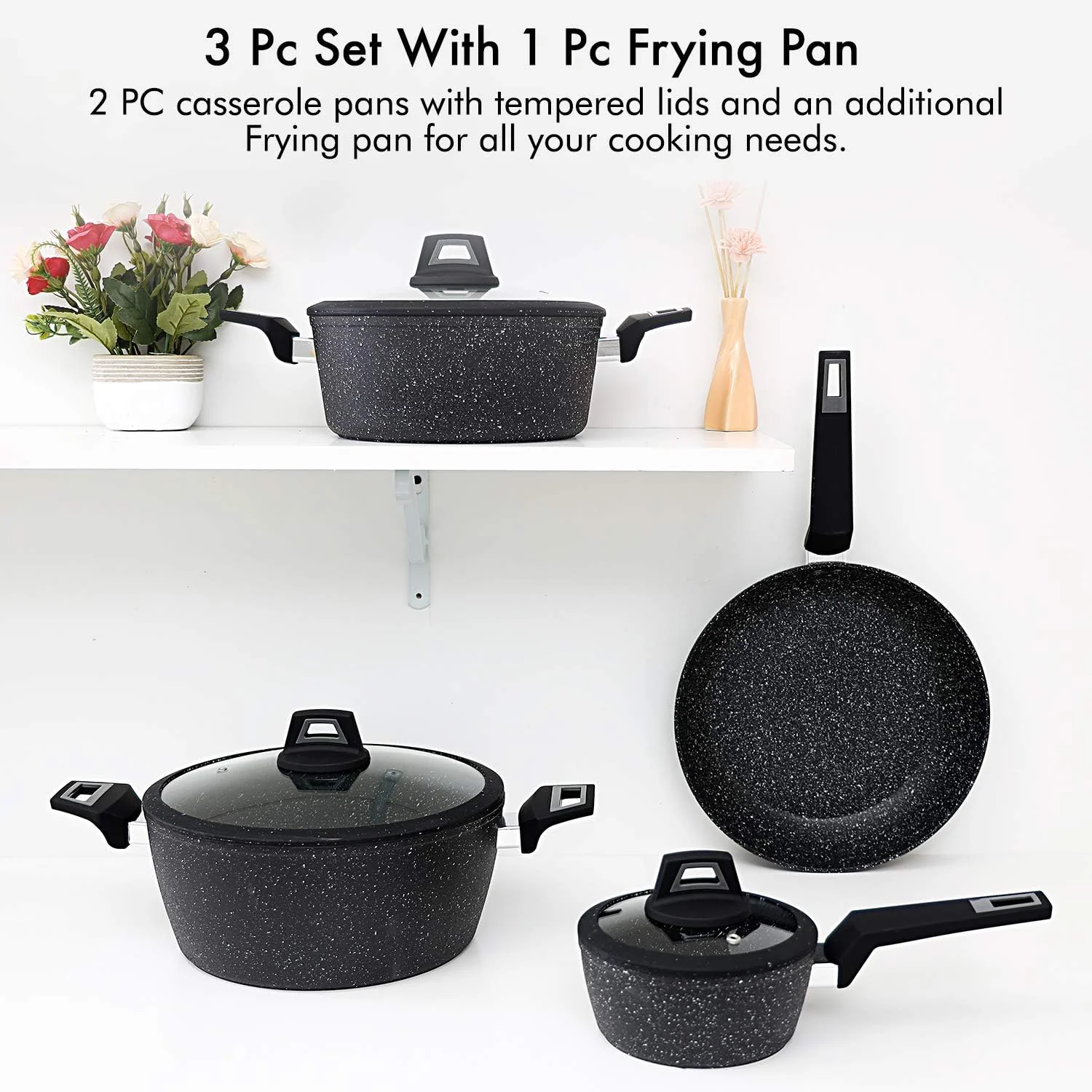 ست ظروف پخت و پز آلومینیومی رویال فورد مدل Chef Art، ۷ پارچه، مشکی، RF9557، مقاوم در برابر خراش، درب های شیشه ای حرارت دیده، ضخامت بدنه 2.5 میلی متر، دستگیره های باکالیت و کف CD ست ظروف پخت و پز آلومینیومی رویال فورد مدل Chef Art، ۷ پارچه، مشکی، RF9557، مقاوم در برابر خراش، درب های شیشه ای حرارت دیده، ضخامت بدنه 2.5 میلی متر، دستگیره های باکالیت و کف CD
