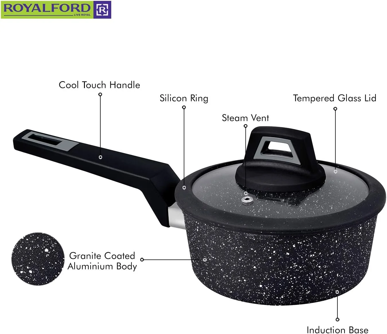 ست ظروف پخت و پز آلومینیومی رویال فورد مدل Chef Art، ۷ پارچه، مشکی، RF9557، مقاوم در برابر خراش، درب های شیشه ای حرارت دیده، ضخامت بدنه 2.5 میلی متر، دستگیره های باکالیت و کف CD ست ظروف پخت و پز آلومینیومی رویال فورد مدل Chef Art، ۷ پارچه، مشکی، RF9557، مقاوم در برابر خراش، درب های شیشه ای حرارت دیده، ضخامت بدنه 2.5 میلی متر، دستگیره های باکالیت و کف CD