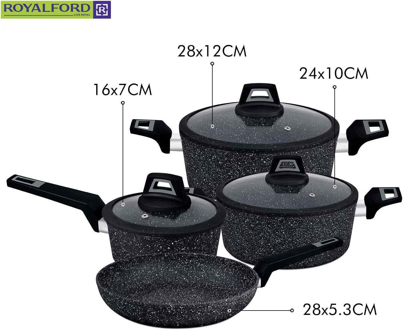 ست ظروف پخت و پز آلومینیومی رویال فورد مدل Chef Art، ۷ پارچه، مشکی، RF9557، مقاوم در برابر خراش، درب های شیشه ای حرارت دیده، ضخامت بدنه 2.5 میلی متر، دستگیره های باکالیت و کف CD ست ظروف پخت و پز آلومینیومی رویال فورد مدل Chef Art، ۷ پارچه، مشکی، RF9557، مقاوم در برابر خراش، درب های شیشه ای حرارت دیده، ضخامت بدنه 2.5 میلی متر، دستگیره های باکالیت و کف CD