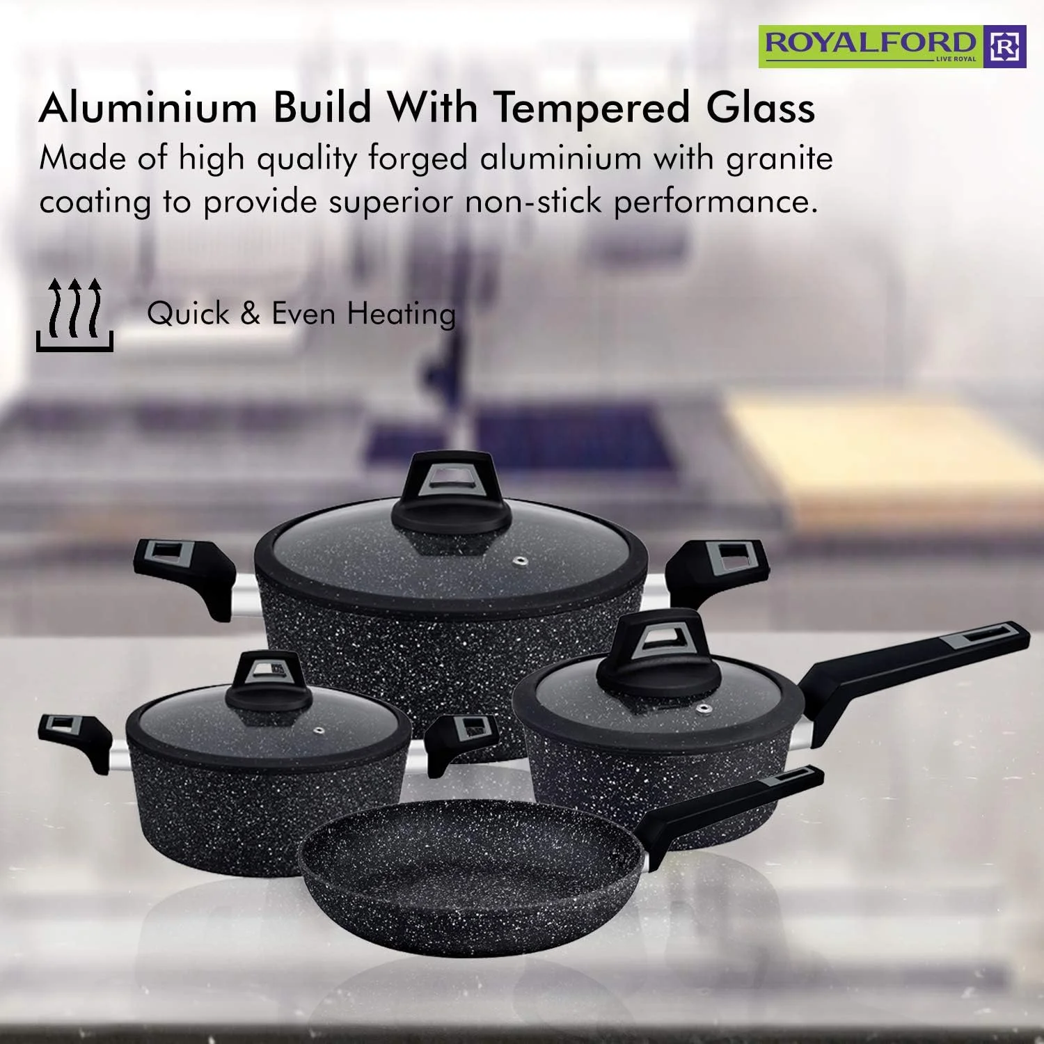 ست ظروف پخت و پز آلومینیومی رویال فورد مدل Chef Art، ۷ پارچه، مشکی، RF9557، مقاوم در برابر خراش، درب های شیشه ای حرارت دیده، ضخامت بدنه 2.5 میلی متر، دستگیره های باکالیت و کف CD ست ظروف پخت و پز آلومینیومی رویال فورد مدل Chef Art، ۷ پارچه، مشکی، RF9557، مقاوم در برابر خراش، درب های شیشه ای حرارت دیده، ضخامت بدنه 2.5 میلی متر، دستگیره های باکالیت و کف CD