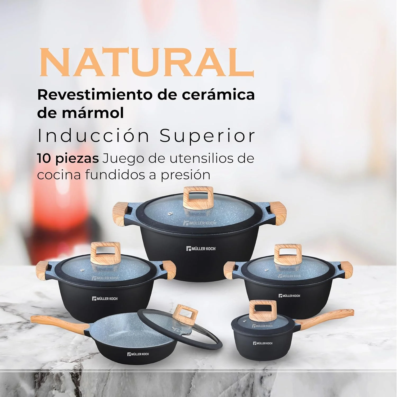 مولر کخ MK-5013 - مجموعه ظروف پخت و پز 10 پارچه آلومینیوم دایکاست با روکش سرامیک گرانیتی نچسب آلمانی - بدون PFOA و PTFE