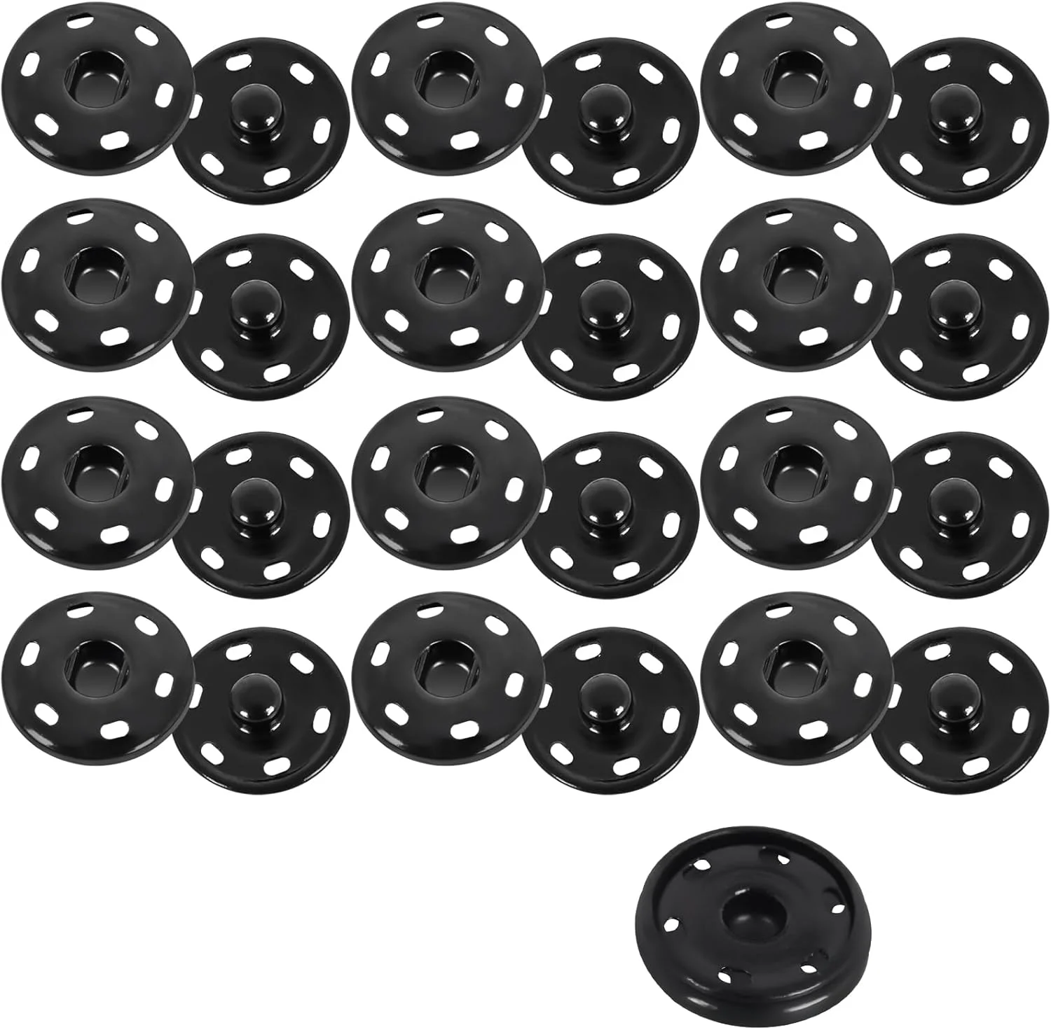 12 Pcs Sew-on Metal Snap Clasps, Fasteners Sewing Press Studs Buttons, Sewing Press Studs for Clothing DIY Crafts, 21 mm, Black 12 Pcs Sew-on Metal Snap Clasps, Fasteners Sewing Press Studs Buttons, Sewing Press Studs for Clothing DIY Crafts, 21 mm, Black