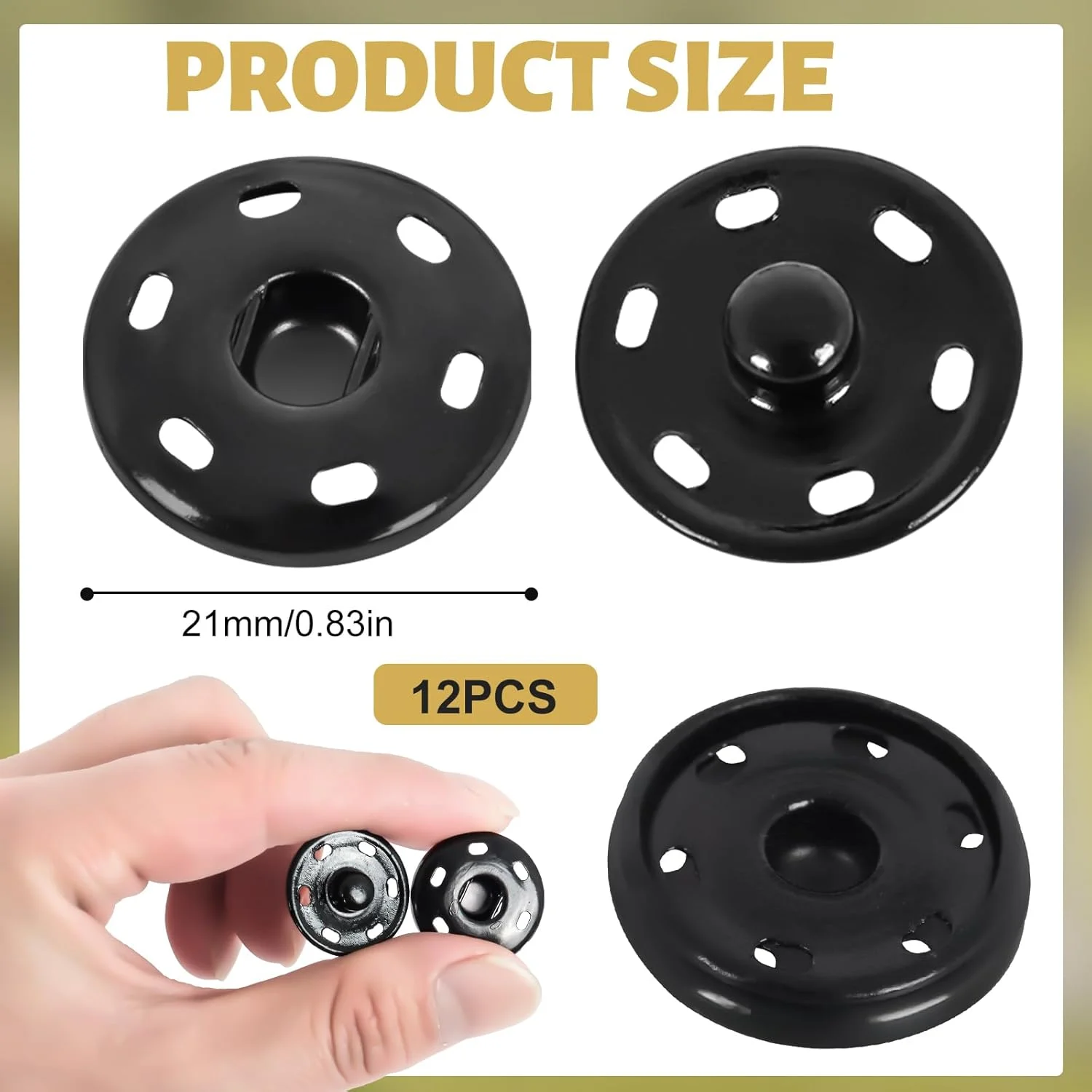 12 Pcs Sew-on Metal Snap Clasps, Fasteners Sewing Press Studs Buttons, Sewing Press Studs for Clothing DIY Crafts, 21 mm, Black 12 Pcs Sew-on Metal Snap Clasps, Fasteners Sewing Press Studs Buttons, Sewing Press Studs for Clothing DIY Crafts, 21 mm, Black
