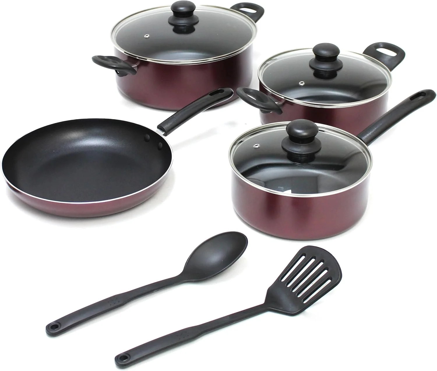 ست ظروف پخت و پز 9 پارچه نچسب حرفه ای BLACKSTONE مدل AR090 - تابه سرخ کن | قابلمه سس با درب شیشه ای | 2 قابلمه پخت و پز با درب شیشه ای | 2 ست قاشق پلاستیکی
