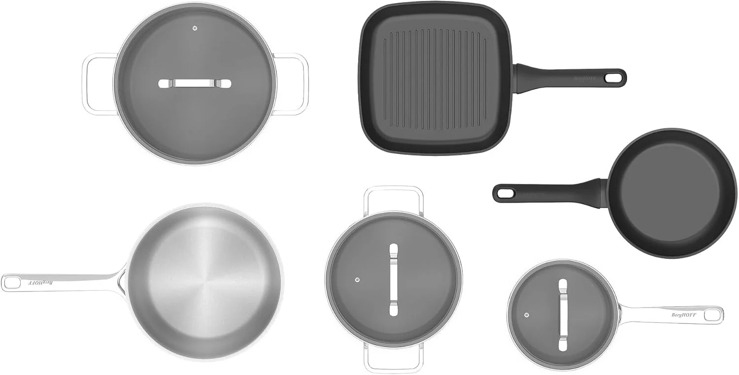 ست 9 پارچه ظروف پخت و پز BERGHOFF Helix - استیل ضد زنگ و آلومینیوم، شیشه رنگی مقاوم در برابر حرارت، قابلمه 16 سانتی متری، قابلمه 20 سانتی متری، قابلمه 24x12 سانتی متری، تابه 20 سانتی متری، تابه 24 سانتی متری، تابه گریل 24 سانتی متری