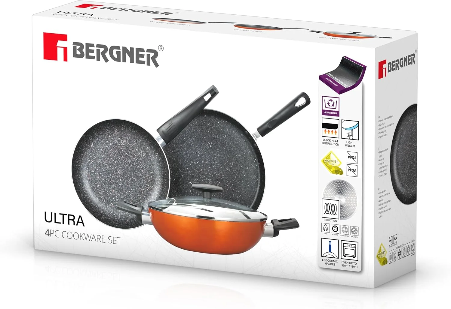 ست ظروف پخت و پز 4 تکه BERGNER ULTRA، ست پخت و پز آلومینیومی فشرده، ظروف پخت و پز با کف القایی، قابلمه های با پوشش نچسب MARBLE+، مناسب برای همه اجاق ها، رنگ نارنجی متالیک، BG31305OR ست ظروف پخت و پز 4 تکه BERGNER ULTRA، ست پخت و پز آلومینیومی فشرده، ظروف پخت و پز با کف القایی، قابلمه های با پوشش نچسب MARBLE+، مناسب برای همه اجاق ها، رنگ نارنجی متالیک، BG31305OR