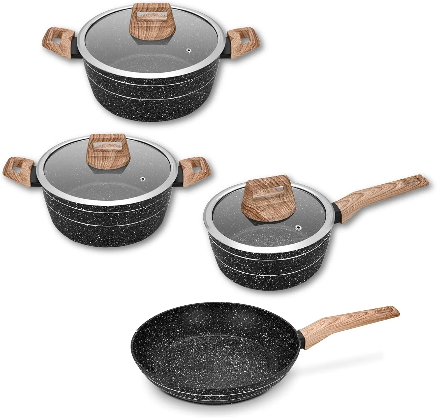 ست 7 پارچه ظروف پخت و پز نچسب Auroware، آلومینیوم فورج شده، قابل شستشو در ماشین ظرفشویی، ظروف آشپزخانه بدون PFOA شامل 2 قابلمه و 1 شیرجوش با درب و 1 تابه، مشکی ست 7 پارچه ظروف پخت و پز نچسب Auroware، آلومینیوم فورج شده، قابل شستشو در ماشین ظرفشویی، ظروف آشپزخانه بدون PFOA شامل 2 قابلمه و 1 شیرجوش با درب و 1 تابه، مشکی