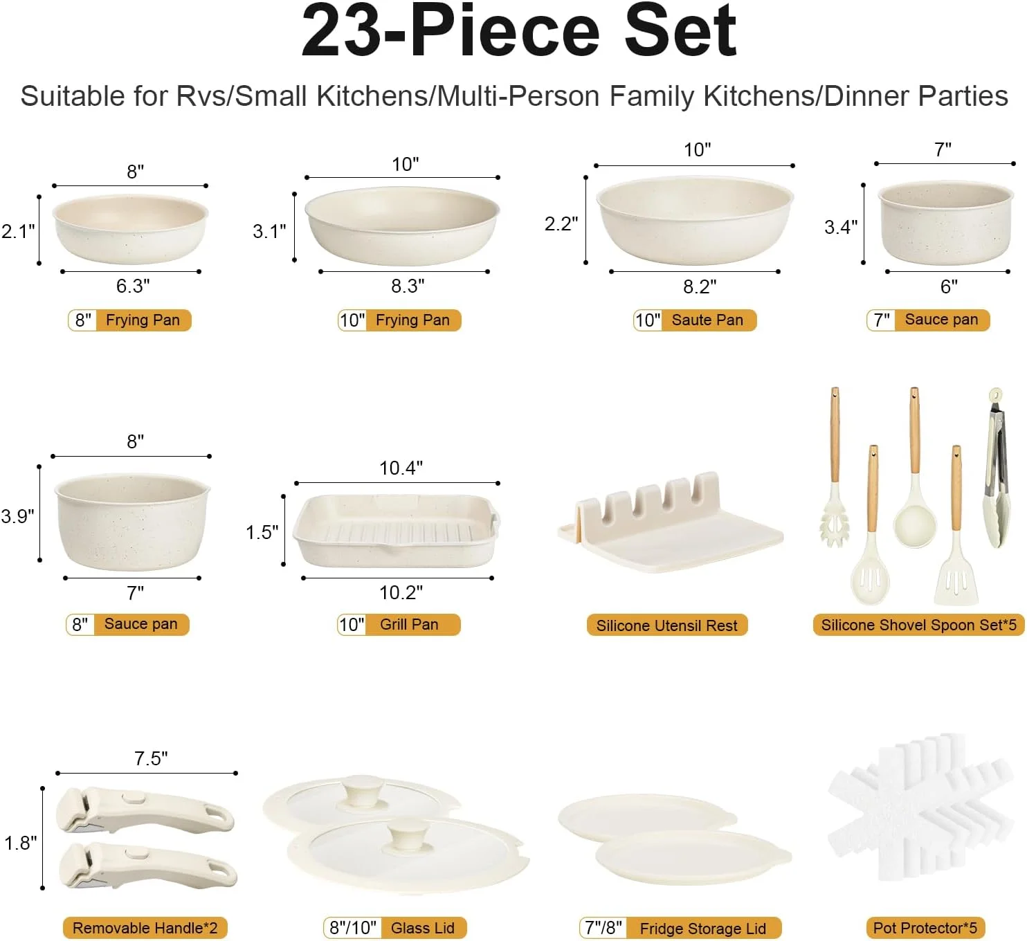ست قابلمه و تابه نچسب Begally، ست 23 تکه ظروف آشپزی سرامیکی با دسته جداشدنی، ست ظروف آشپزی نچسب شامل تابه و قابلمه، ست نچسب قابل انباشته، سفید کرمی