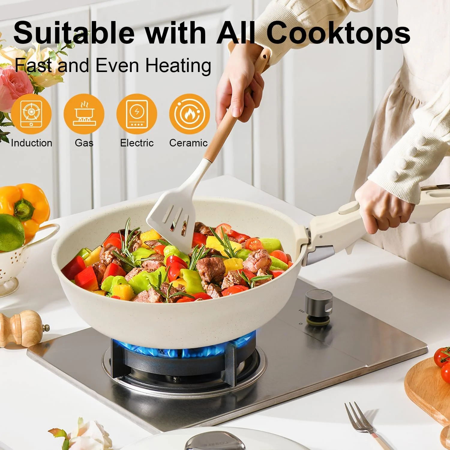 ست قابلمه و تابه نچسب Begally، ست 23 تکه ظروف آشپزی سرامیکی با دسته جداشدنی، ست ظروف آشپزی نچسب شامل تابه و قابلمه، ست نچسب قابل انباشته، سفید کرمی