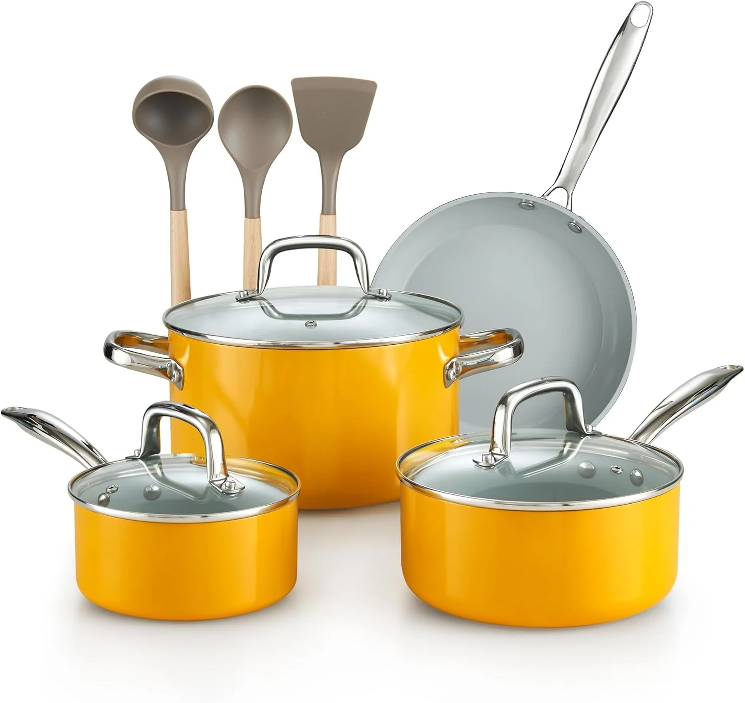 ست قابلمه و تابه نچسب Cook N Home، ست 10 تکه ظروف پخت و پز سرامیکی نچسب سخت آنودایز شده، ست پخت و پز القایی با دسته های خنک شونده، لوازم آشپزخانه نایلونی، زرد