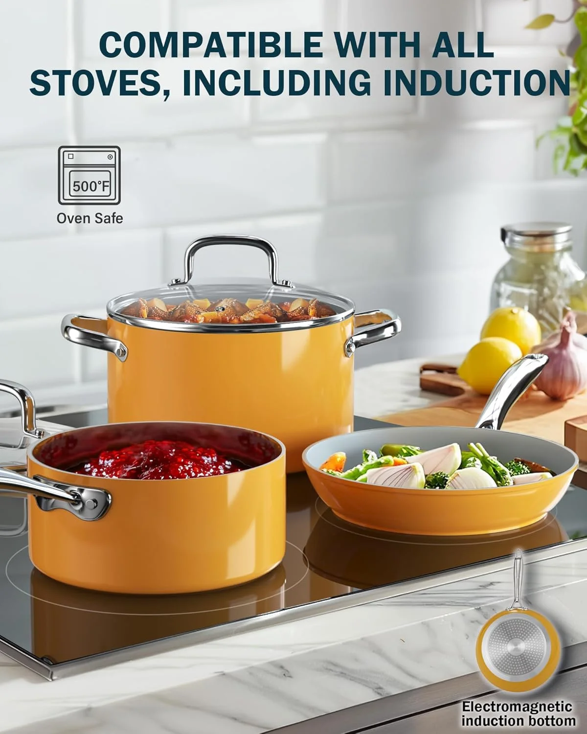 ست قابلمه و تابه نچسب Cook N Home، ست 10 تکه ظروف پخت و پز سرامیکی نچسب سخت آنودایز شده، ست پخت و پز القایی با دسته های خنک شونده، لوازم آشپزخانه نایلونی، زرد ست قابلمه و تابه نچسب Cook N Home، ست 10 تکه ظروف پخت و پز سرامیکی نچسب سخت آنودایز شده، ست پخت و پز القایی با دسته های خنک شونده، لوازم آشپزخانه نایلونی، زرد