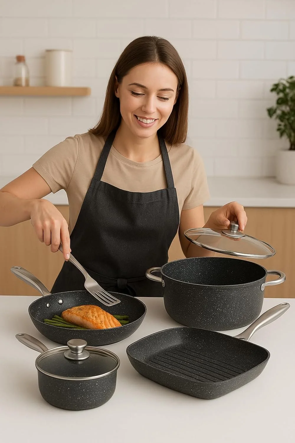 ست ظروف پخت و پز کارپنتون، ست 8 تکه قابلمه و تابه با پوشش مرمر نچسب ممتاز، ظروف پخت و پز فورج شده با دسته و دستگیره استیل ضد زنگ، سازگار با گاز و القایی، ست ظروف پخت و پز رایگان KM283032