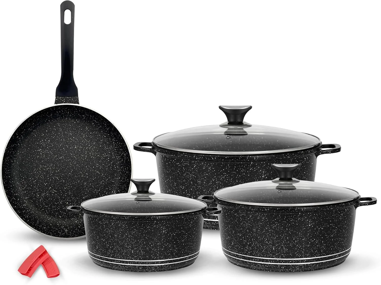 SONEX Granita 9 Pcs Die-Cast Aluminum Cookware Set – Non-Stick Granite Coated Casseroles with Glass Lids and Frypan, PFOA-Free, Gas, Electric, Ceramic & Halogen Stove Safe, Black Marble Finish
