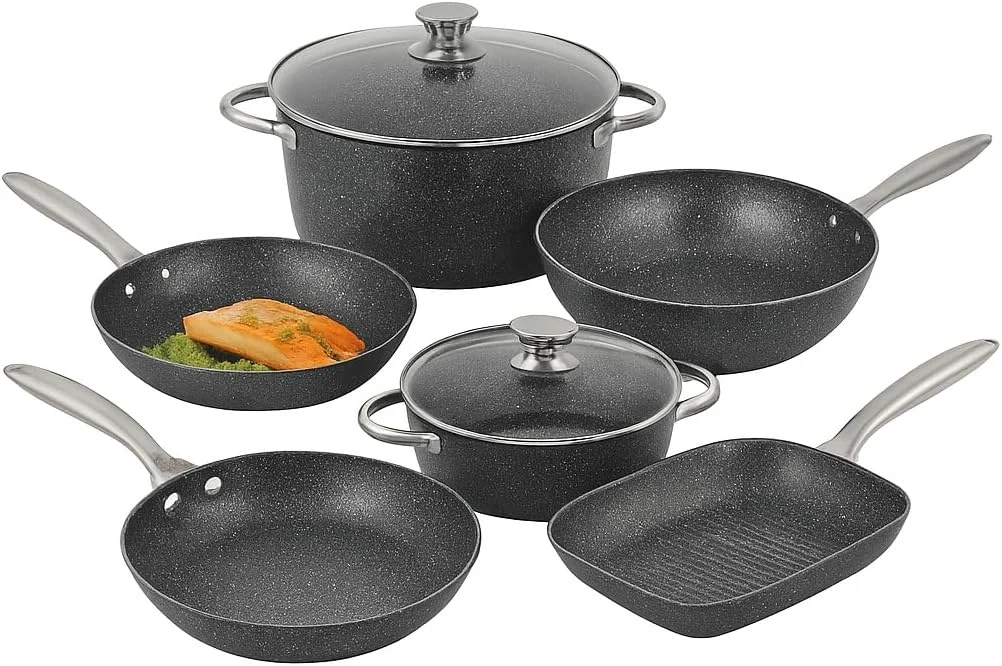 ست ظروف پخت و پز کارپنتون، ست 8 تکه قابلمه و تابه با پوشش مرمر نچسب ممتاز، ظروف پخت و پز فورج شده با دسته و دستگیره استیل ضد زنگ، سازگار با گاز و القایی، ست ظروف پخت و پز رایگان KM283032