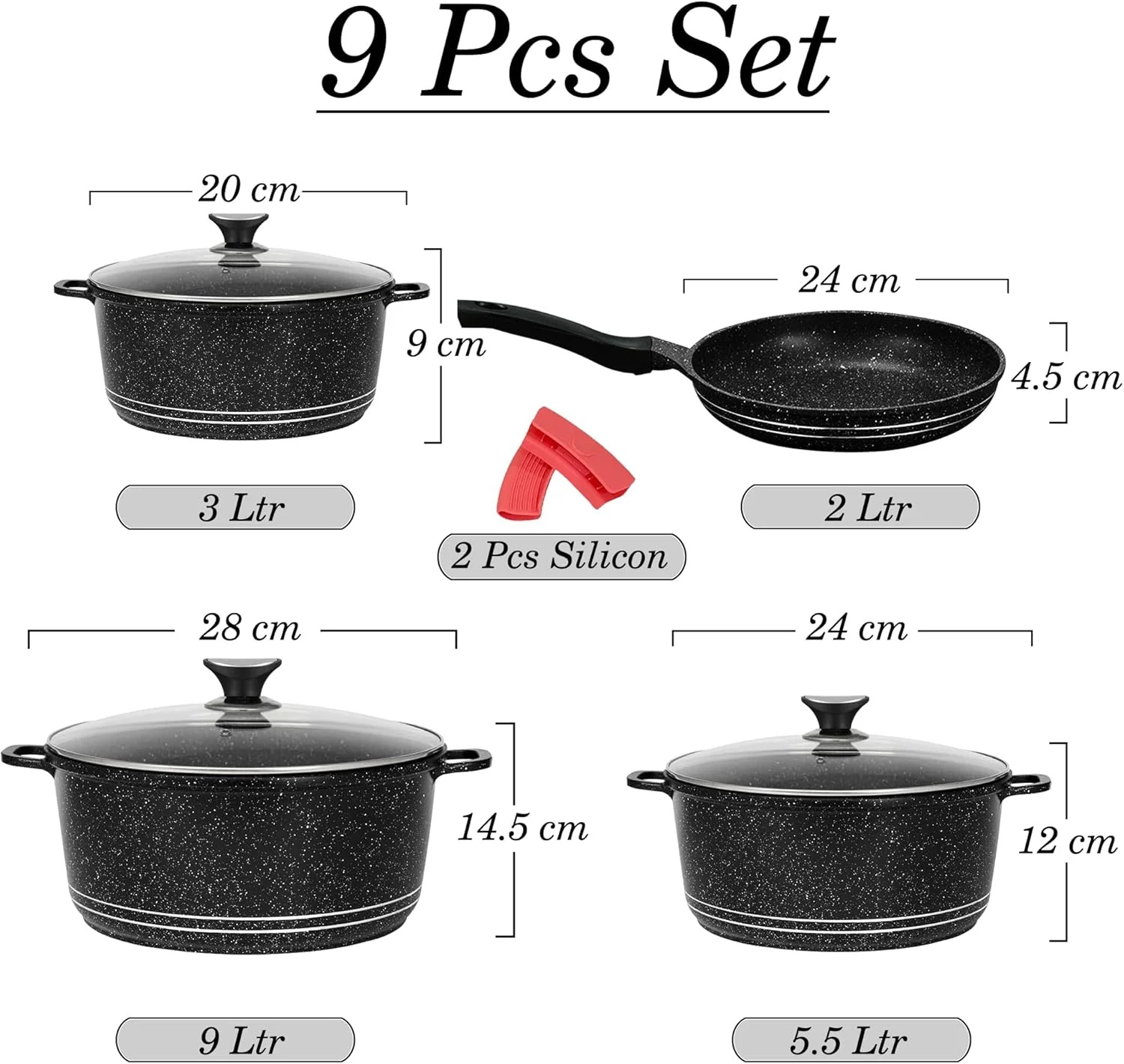 SONEX Granita 9 Pcs Die-Cast Aluminum Cookware Set – Non-Stick Granite Coated Casseroles with Glass Lids and Frypan, PFOA-Free, Gas, Electric, Ceramic & Halogen Stove Safe, Black Marble Finish