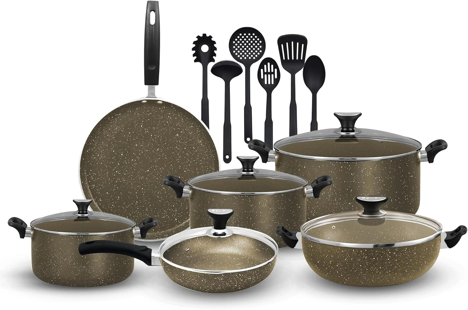 ست ظروف پخت و پز 17 پارچه گرانیتی سونِکس ویکتوریا – قابلمه و تابه نچسب با درب شیشه ای + 6 ابزار سیلیکونی، آلومینیوم با روکش مرمر، فاقد PFOA، تمیز کردن آسان، سازگار با اجاق گاز و برقی