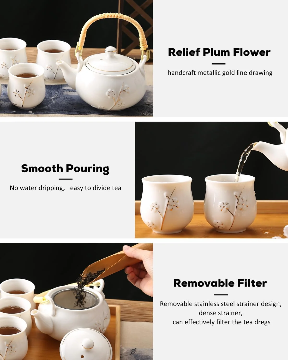 ست چای خوری سرامیکی سفید ژاپنی دوجاست شامل 1 قوری، 6 فنجان، 1 سینی چای و 1 صافی استیل (طرح آلو طلایی)