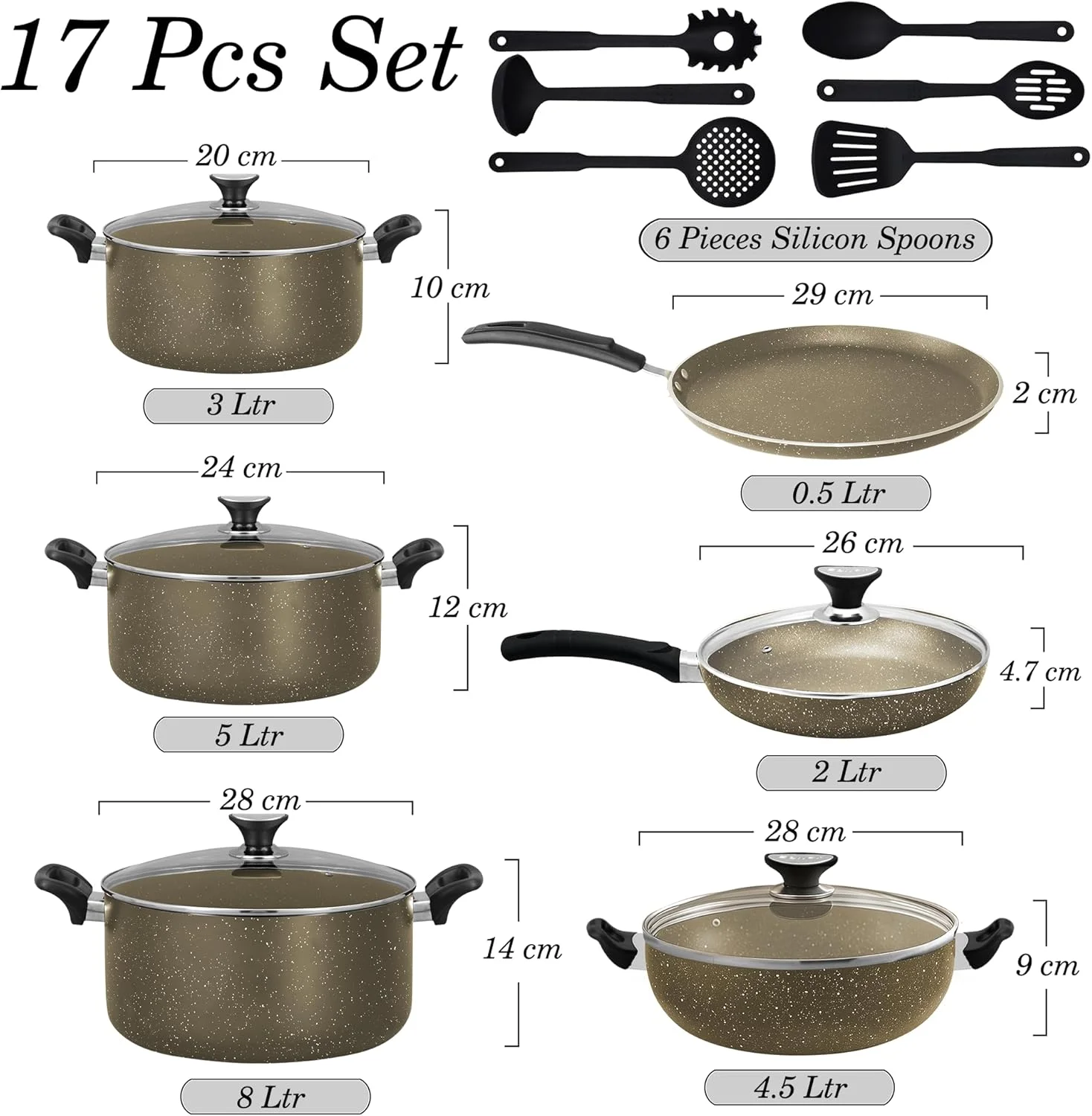 ست ظروف پخت و پز 17 پارچه گرانیتی سونِکس ویکتوریا – قابلمه و تابه نچسب با درب شیشه ای + 6 ابزار سیلیکونی، آلومینیوم با روکش مرمر، فاقد PFOA، تمیز کردن آسان، سازگار با اجاق گاز و برقی
