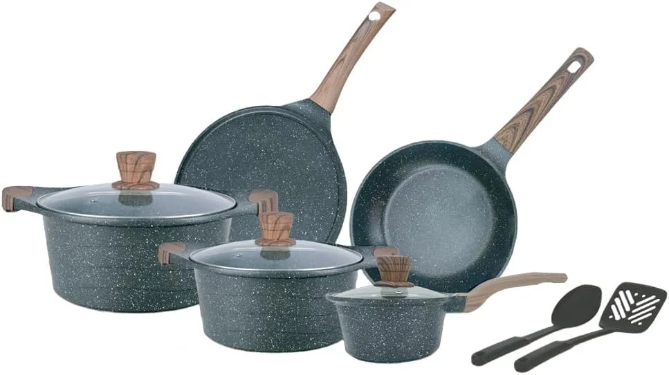 ست ظروف پخت و پز نچسب 11 پارچه با روکش مرمر EASY COOK | قابلمه 26 و 28 سانتی متری با درب شیشه ای | شیرجوش 16 سانتی متری | تابه 26 سانتی متری | تاوا 26 سانتی متری | 3 عدد ابزار نایلونی