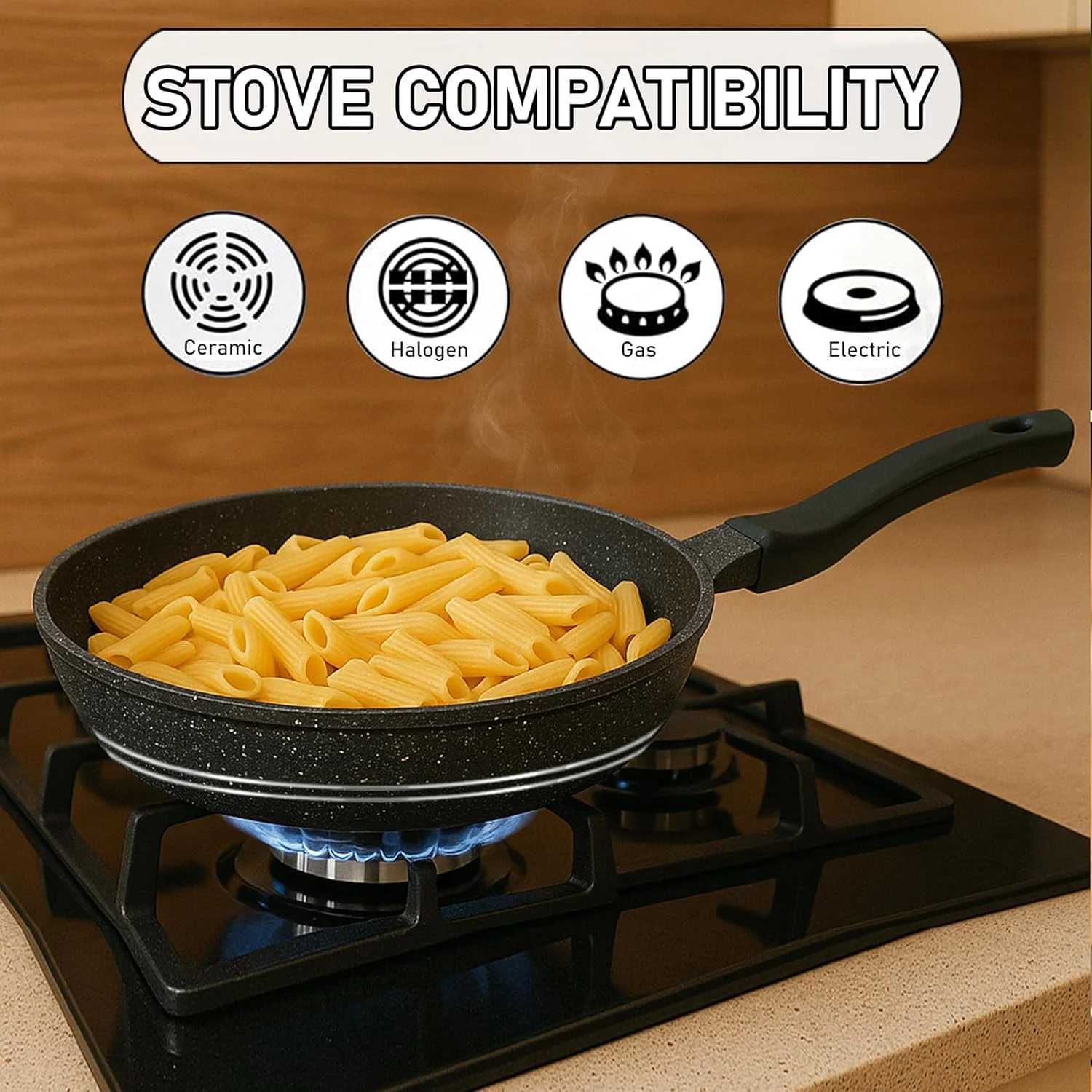 SONEX Granita 9 Pcs Die-Cast Aluminum Cookware Set – Non-Stick Granite Coated Casseroles with Glass Lids and Frypan, PFOA-Free, Gas, Electric, Ceramic & Halogen Stove Safe, Black Marble Finish