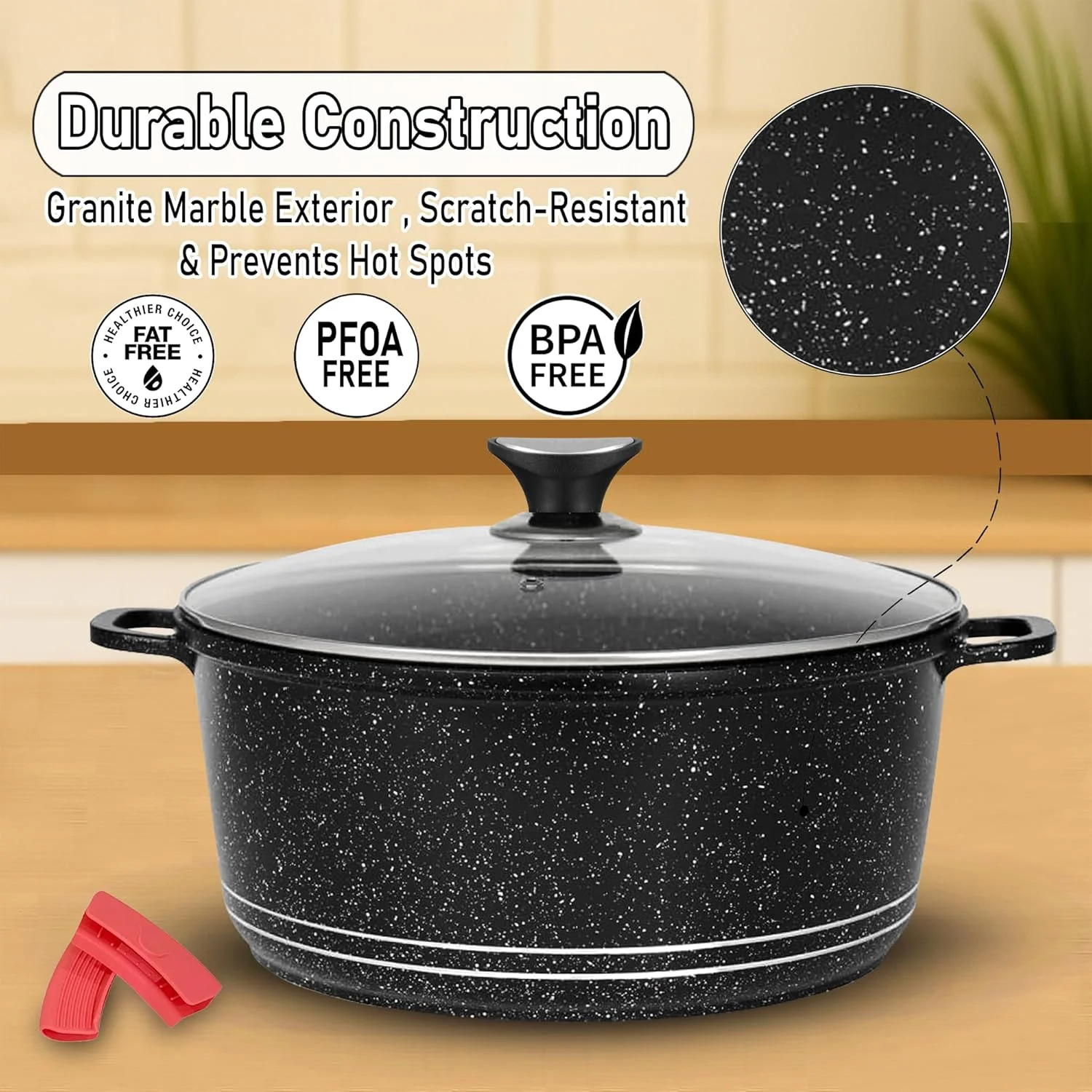 SONEX Granita 9 Pcs Die-Cast Aluminum Cookware Set – Non-Stick Granite Coated Casseroles with Glass Lids and Frypan, PFOA-Free, Gas, Electric, Ceramic & Halogen Stove Safe, Black Marble Finish