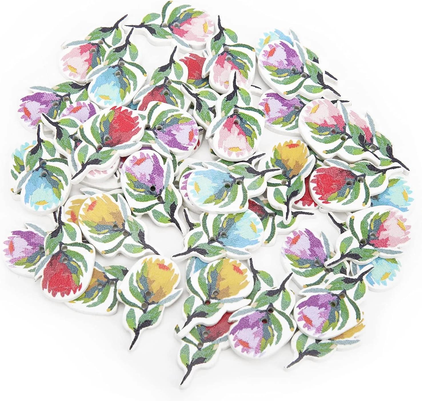 دکمه‌های چوبی رنگارنگ طرح گل، 200 عددی، مناسب برای خیاطی، صنایع دستی، تزیین و لباس، مناسب برای شلوار جین، کت و موارد دیگر