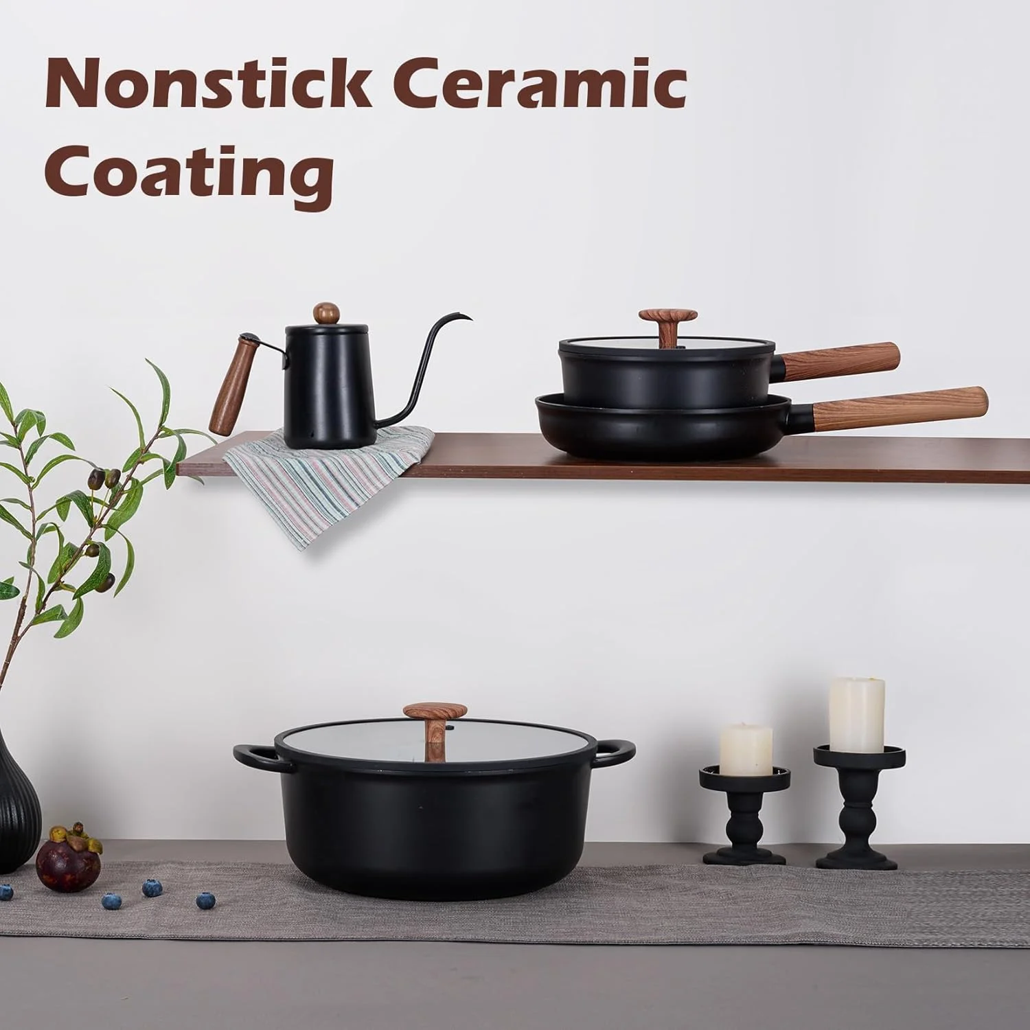 ست ظروف آشپزی سرامیکی JEETEE، ۱۷ پارچه، ست قابلمه و تابه نچسب و سالم، ست آشپزی القایی با دسته‌های جداشدنی، قابلمه و تابه‌های قابل چیدن، قابل استفاده در فر، فاقد PFOA/PFOS، مشکی