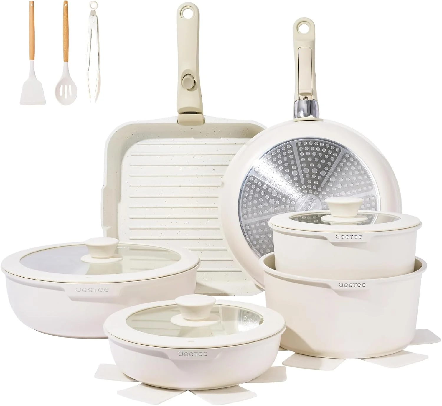 ست قابلمه و تابه نچسب JEETEE با دسته جداشدنی (25 تکه بژ، 25 پارچه)