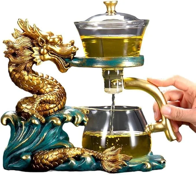 قوری شیشه ای با صافی، قوری تنبل کونگ فو، قوری چای مغناطیسی، ست چای نیمه اتوماتیک، کاسه درب چرخان مغناطیسی مناسب برای خانه/دفتر (اژدهای سبز طلایی)