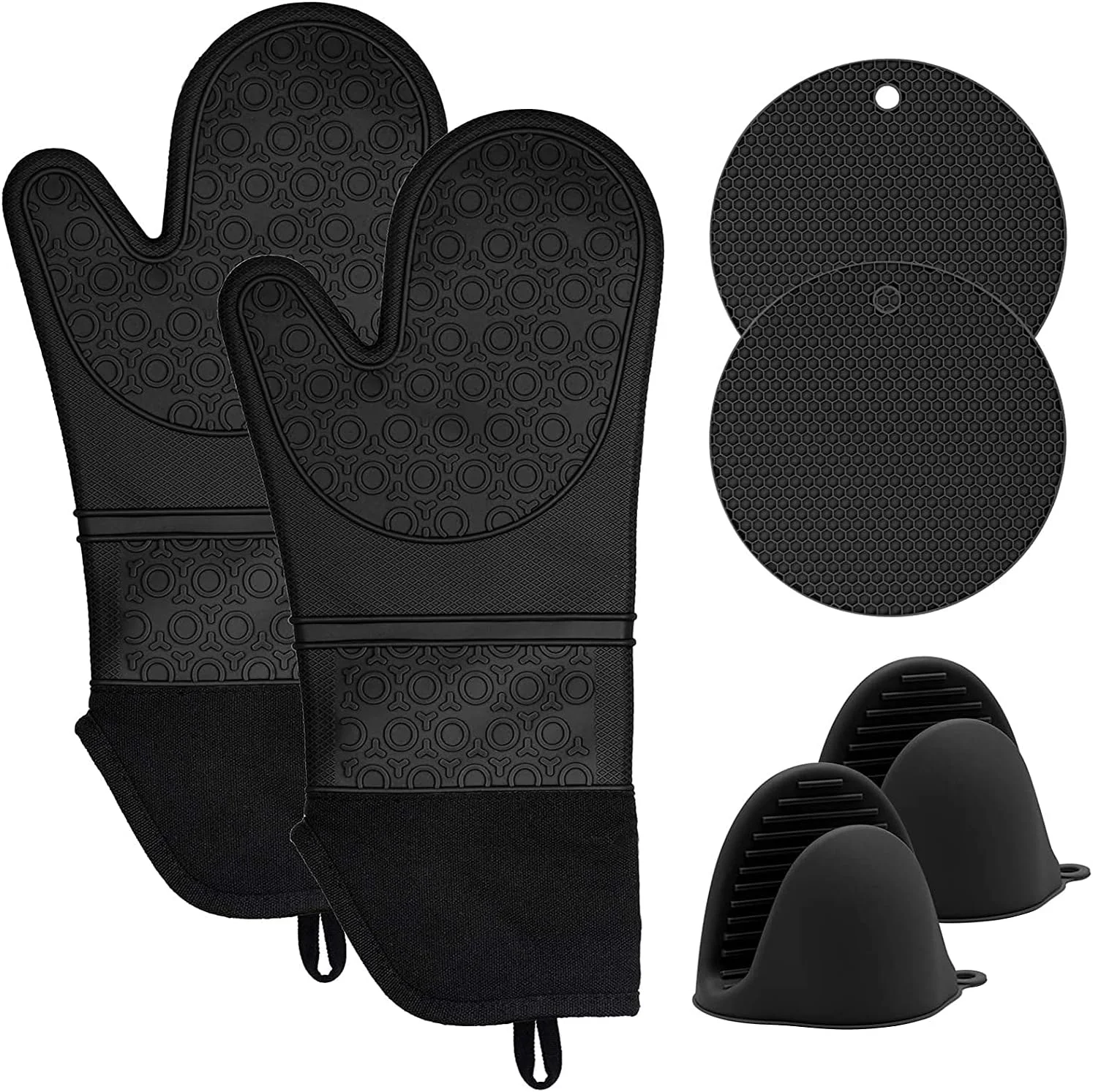 ست دستکش فر و زیر قابلمه ای سیلیکونی KASTWAVE، دستکش های فر سیلیکونی مقاوم در برابر حرارت با دستکش های مینی فر و پدهای داغ، زیر قابلمه ای برای پخت و پز آشپزخانه، آستر لحافی، مشکی، بسته 6 عددی