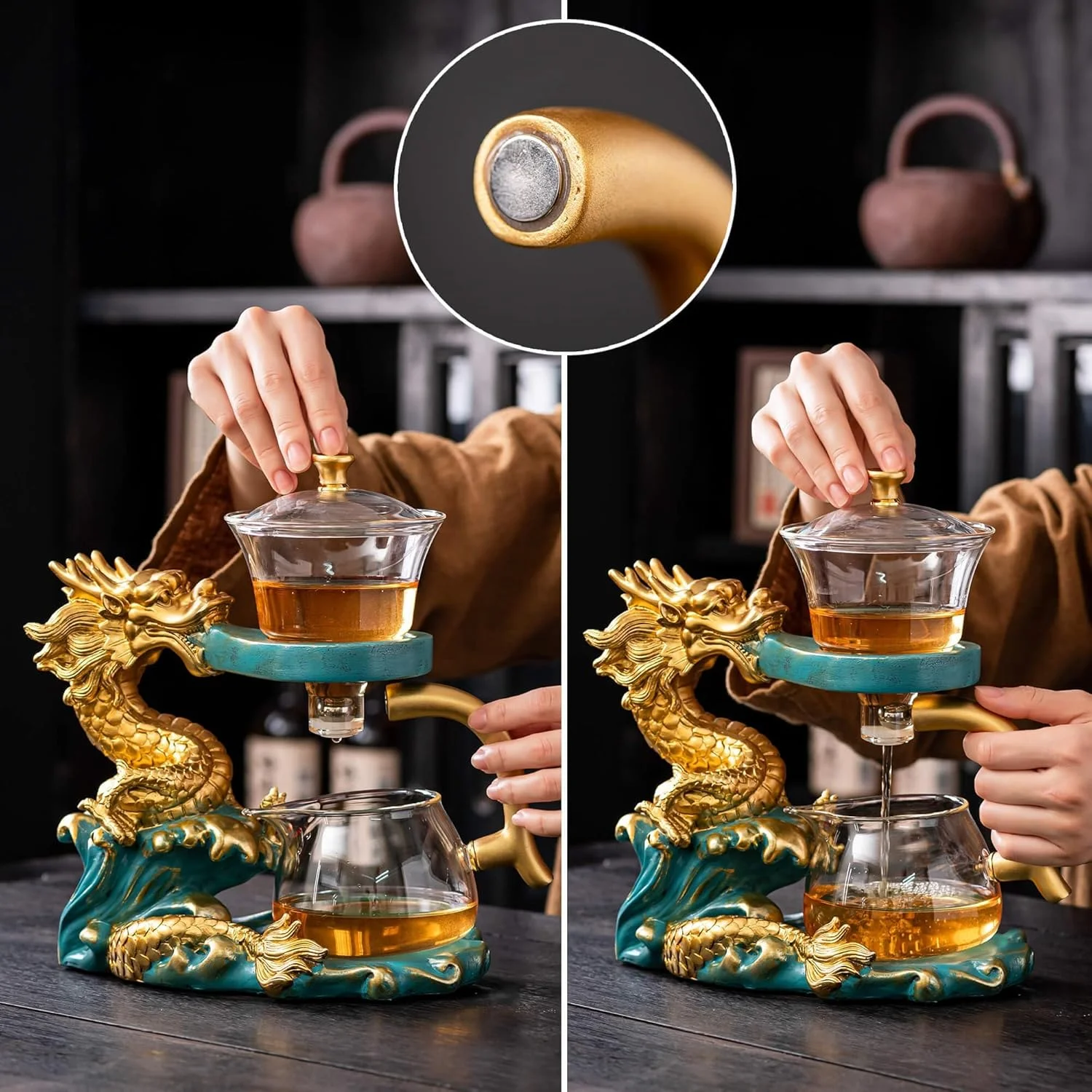 قوری شیشه ای با صافی، قوری تنبل کونگ فو، قوری چای مغناطیسی، ست چای نیمه اتوماتیک، کاسه درب چرخان مغناطیسی مناسب برای خانه/دفتر (اژدهای سبز طلایی)