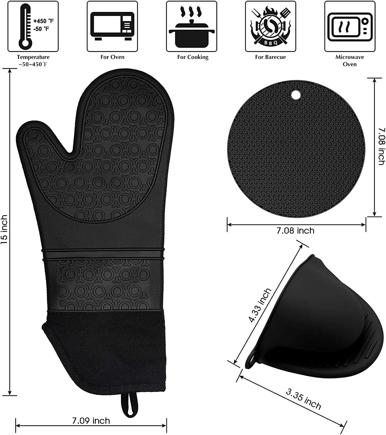 ست دستکش فر و زیر قابلمه ای سیلیکونی KASTWAVE، دستکش های فر سیلیکونی مقاوم در برابر حرارت با دستکش های مینی فر و پدهای داغ، زیر قابلمه ای برای پخت و پز آشپزخانه، آستر لحافی، مشکی، بسته 6 عددی