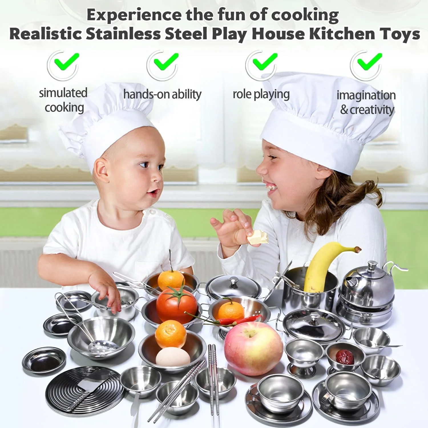 اسباب بازی های آشپزخانه کوچک KEJIH، ست قابلمه و تابه استیل سوپر دلوکس، لوازم آشپزی کودکان با جعبه نگهداری PP، اسباب بازی های لوازم جانبی، ست چای ظروف آشپزی برای کودکان نوپا، سایز کوچک
