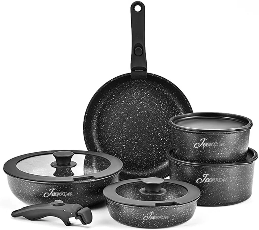 ست ظروف گرانیتی Jeewoon، ست پخت و پز، ست آشپزخانه، ست 11 پارچه قابلمه و تابه نچسب، ست ظروف آشپزی با دسته جداشدنی، فاقد PFOA، قابل شستشو در ماشین ظرفشویی/قابل استفاده در فر