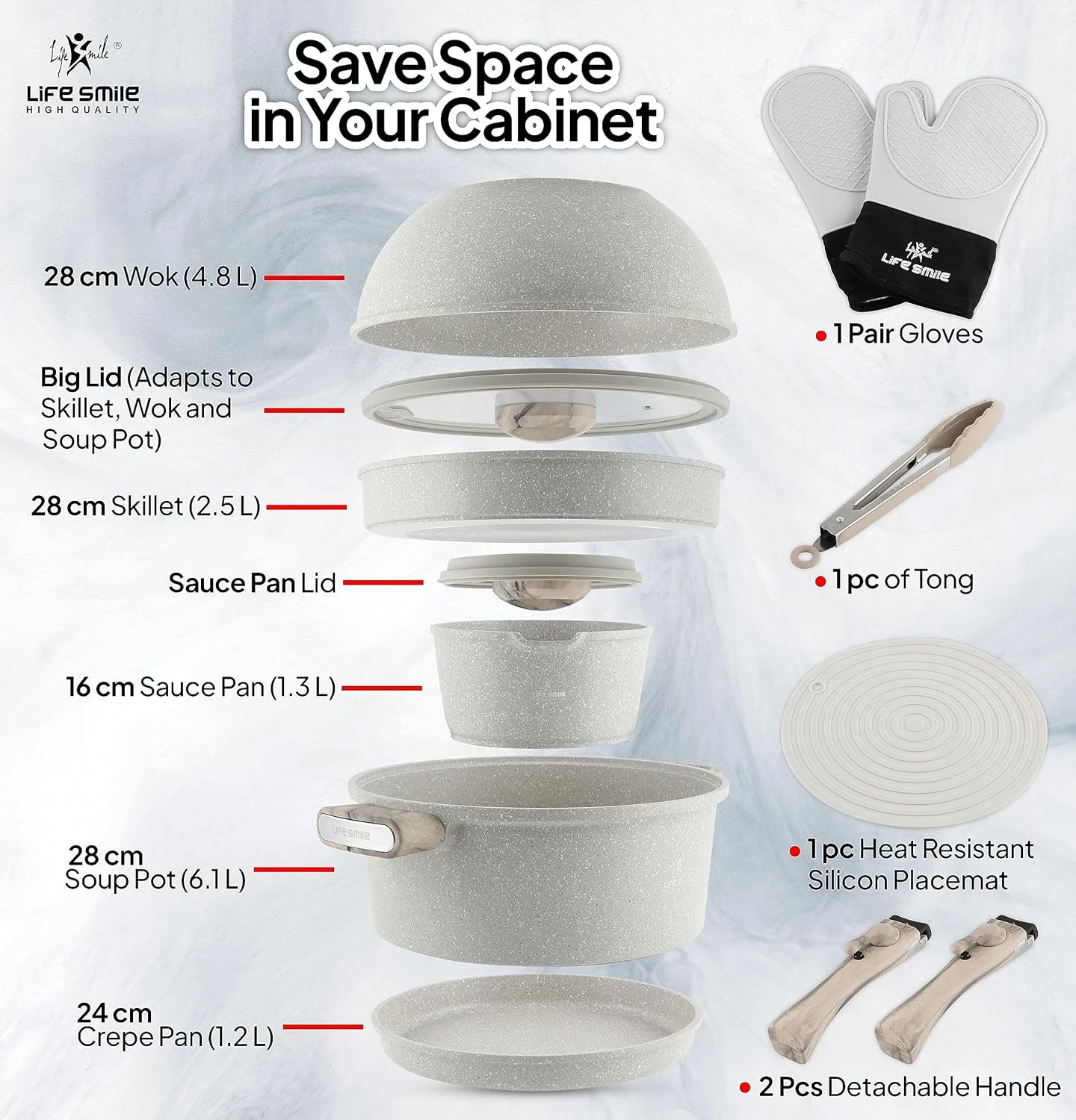 ست ظروف پخت و پز LIFE SMILE با قابلیت چیدن روی هم، نچسب، 100% فاقد PFOA، ست قابلمه و تابه مناسب برای اجاق های القایی، صرفه جویی در فضا به همراه ابزار آشپزی، ست 13 پارچه با روکش گرانیتی (خاکستری روشن)