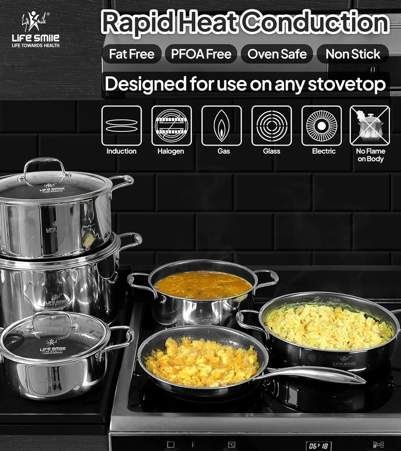 ست ظروف پخت و پز لایف اسمایل 12 پارچه - استیل خالص 18/10 با پوشش نچسب فوق العاده مقاوم در برابر خش، غیر سمی - 100% فاقد PFOA، PTFE و PFOS - قابل استفاده در فر، مناسب برای اجاق های القایی ست ظروف پخت و پز لایف اسمایل 12 پارچه - استیل خالص 18/10 با پوشش نچسب فوق العاده مقاوم در برابر خش، غیر سمی - 100% فاقد PFOA، PTFE و PFOS - قابل استفاده در فر، مناسب برای اجاق های القایی