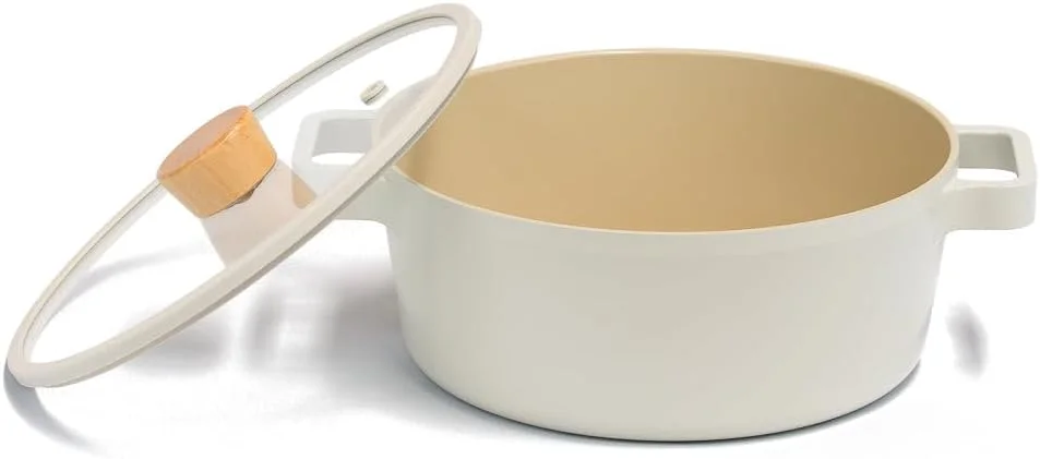 قابلمه نئوفلم، Fika، سایز 22 سانتی متر، نچسب مناسب برای اجاق های القایی، دسته یکپارچه، به همراه درب شیشه ای با دستگیره چوبی، رنگ ماسه ای سفید.