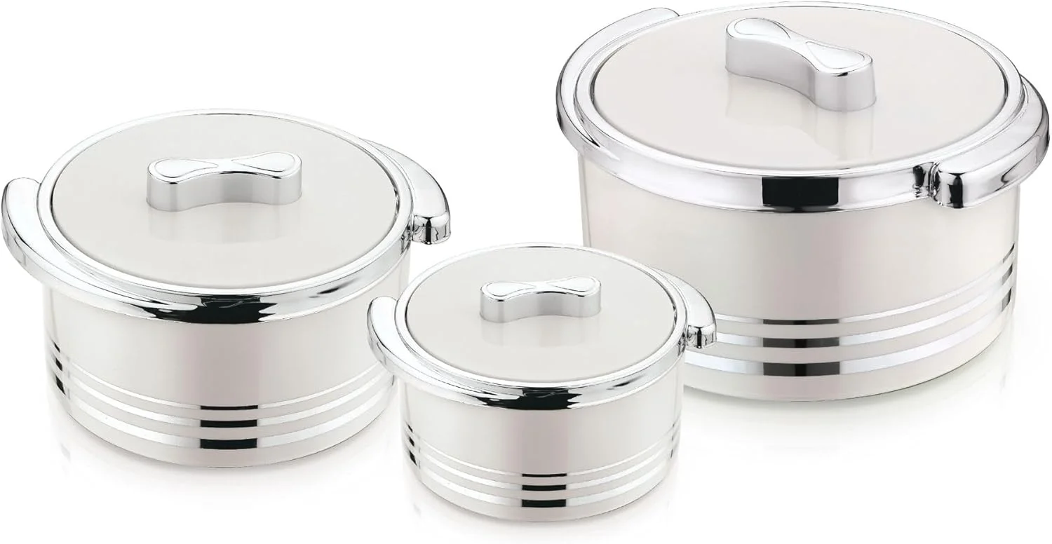 Pinneacle Winsor Omega Thermo Container 3 pcs set 1500 + 2200 + 3300m | Hot Pot Stainless Steel Casserole Set | Insulated Food Warmer Set Perfect for your Dining Table - Silver