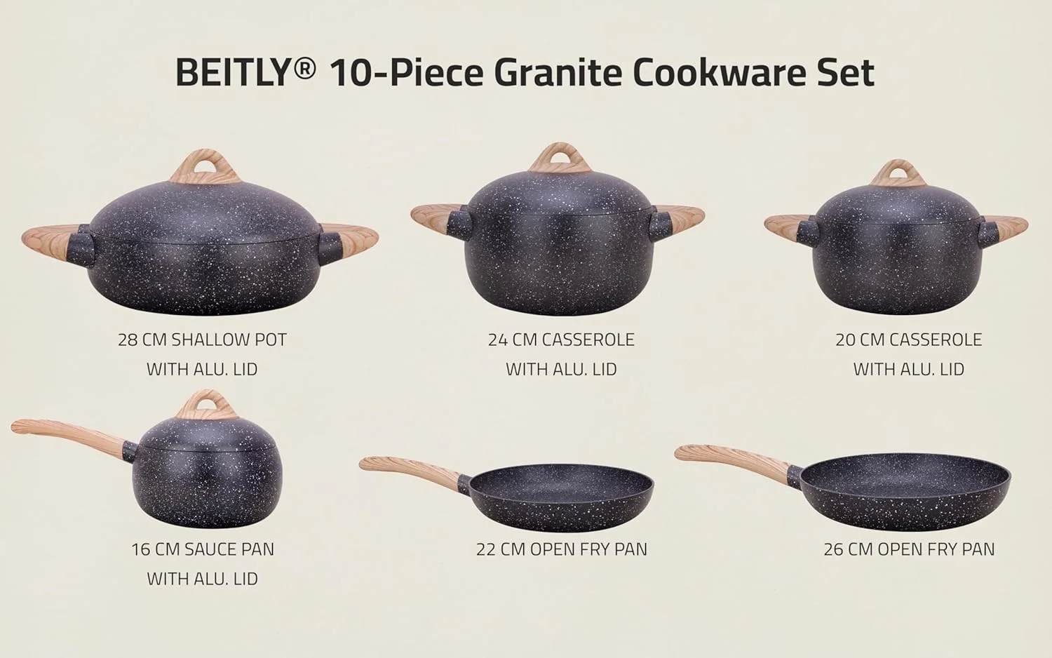 ست 10 پارچه ظروف پخت و پز آلومینیومی نچسب BEITLY® طراحی شده توسط لوکا ترازی، قابلمه با درب 20/24 سانتی متر، تابه 22/26 سانتی متر، قابلمه کم عمق با درب 28 سانتی متر، سس پز با درب 16 سانتی متر، مناسب برای انواع اجاق گاز ست 10 پارچه ظروف پخت و پز آلومینیومی نچسب BEITLY® طراحی شده توسط لوکا ترازی، قابلمه با درب 20/24 سانتی متر، تابه 22/26 سانتی متر، قابلمه کم عمق با درب 28 سانتی متر، سس پز با درب 16 سانتی متر، مناسب برای انواع اجاق گاز
