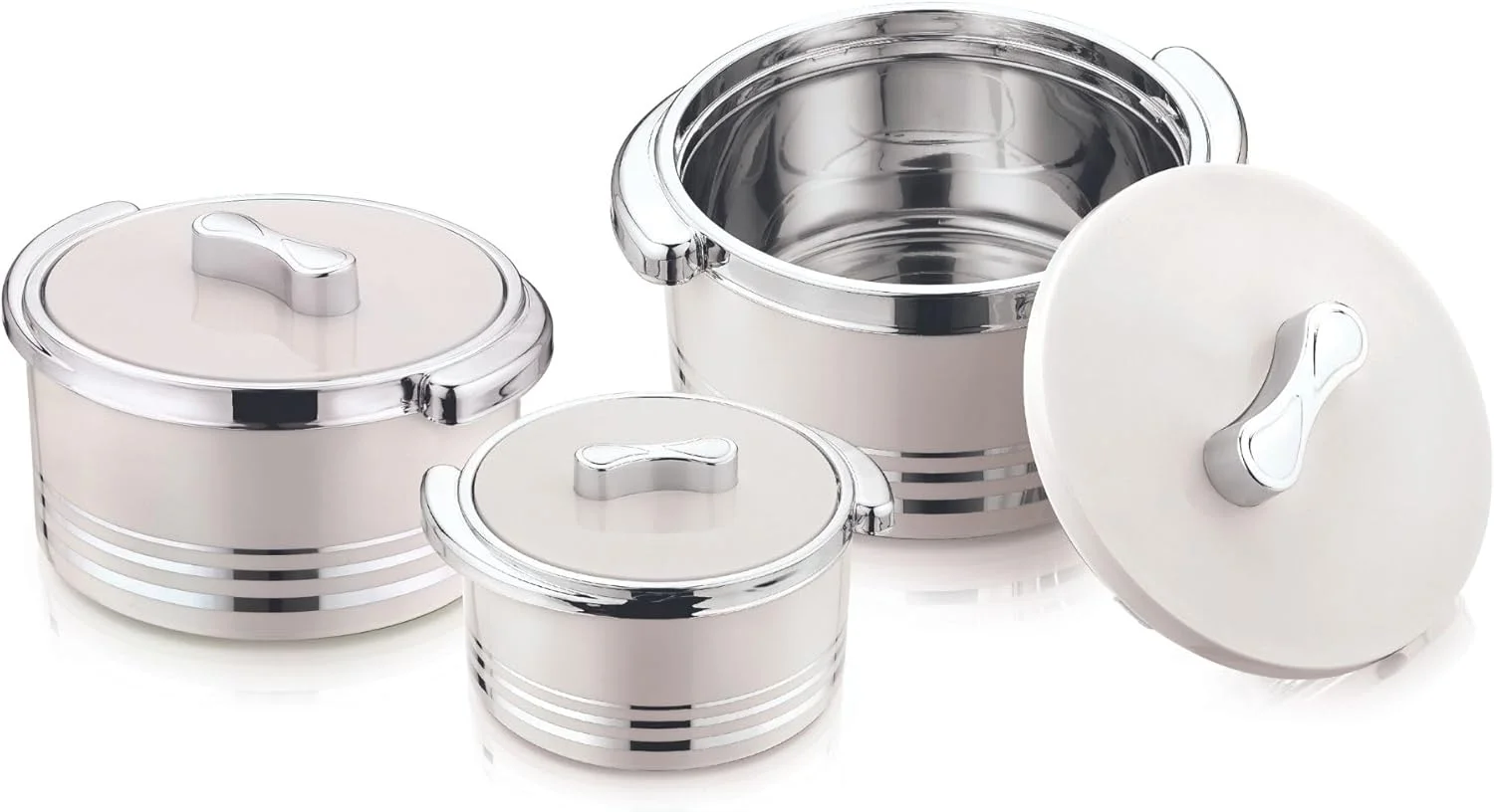 Pinneacle Winsor Omega Thermo Container 3 pcs set 1500 + 2200 + 3300m | Hot Pot Stainless Steel Casserole Set | Insulated Food Warmer Set Perfect for your Dining Table - Silver