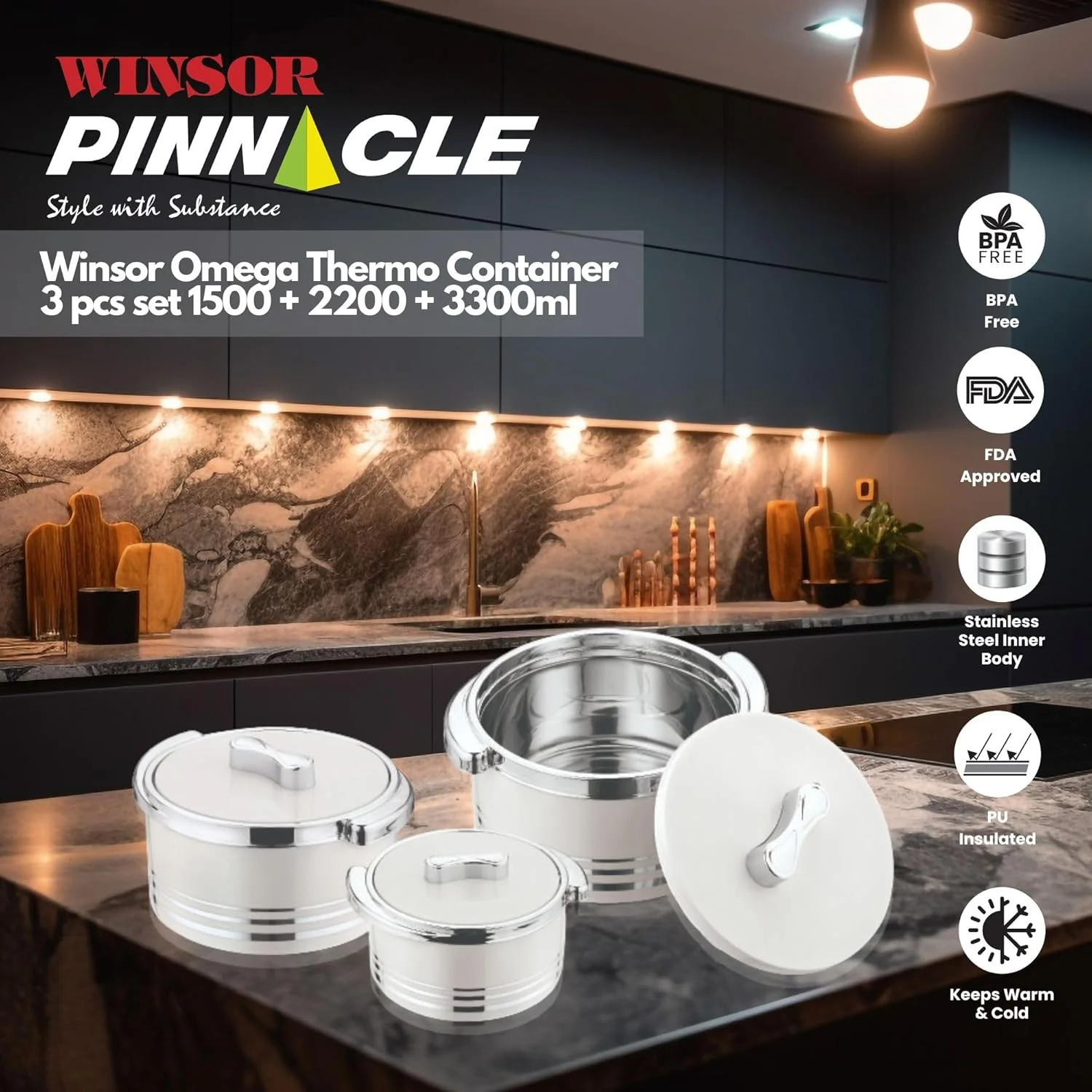 Pinneacle Winsor Omega Thermo Container 3 pcs set 1500 + 2200 + 3300m | Hot Pot Stainless Steel Casserole Set | Insulated Food Warmer Set Perfect for your Dining Table - Silver