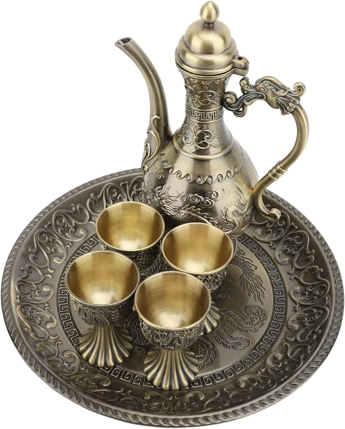 ست چای خوری ترکیه ای Luocute، ست قوری قهوه خوری فلزی ترکیه ای وینتیج با 4 فنجان قهوه و سینی چای، ست قوری لوکس ترکیه ای، ست لیوان فلاسک ترکیه ای، صنایع دستی هنری، مناسب برای عروسی و منزل (برنزی)